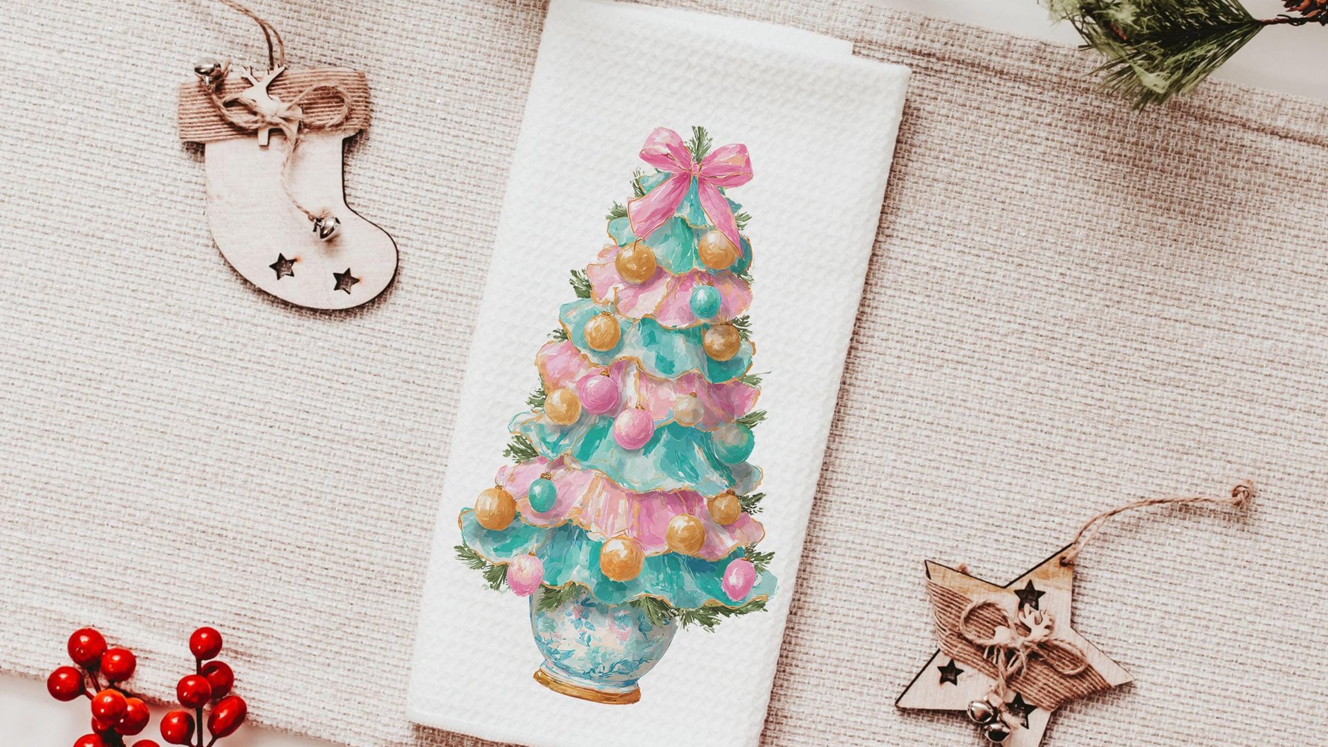 pastel Christmas tree throw pillows for couch pink grandmillenial Christmas kitchen towels for winter, holiday hosting decor home decor gift