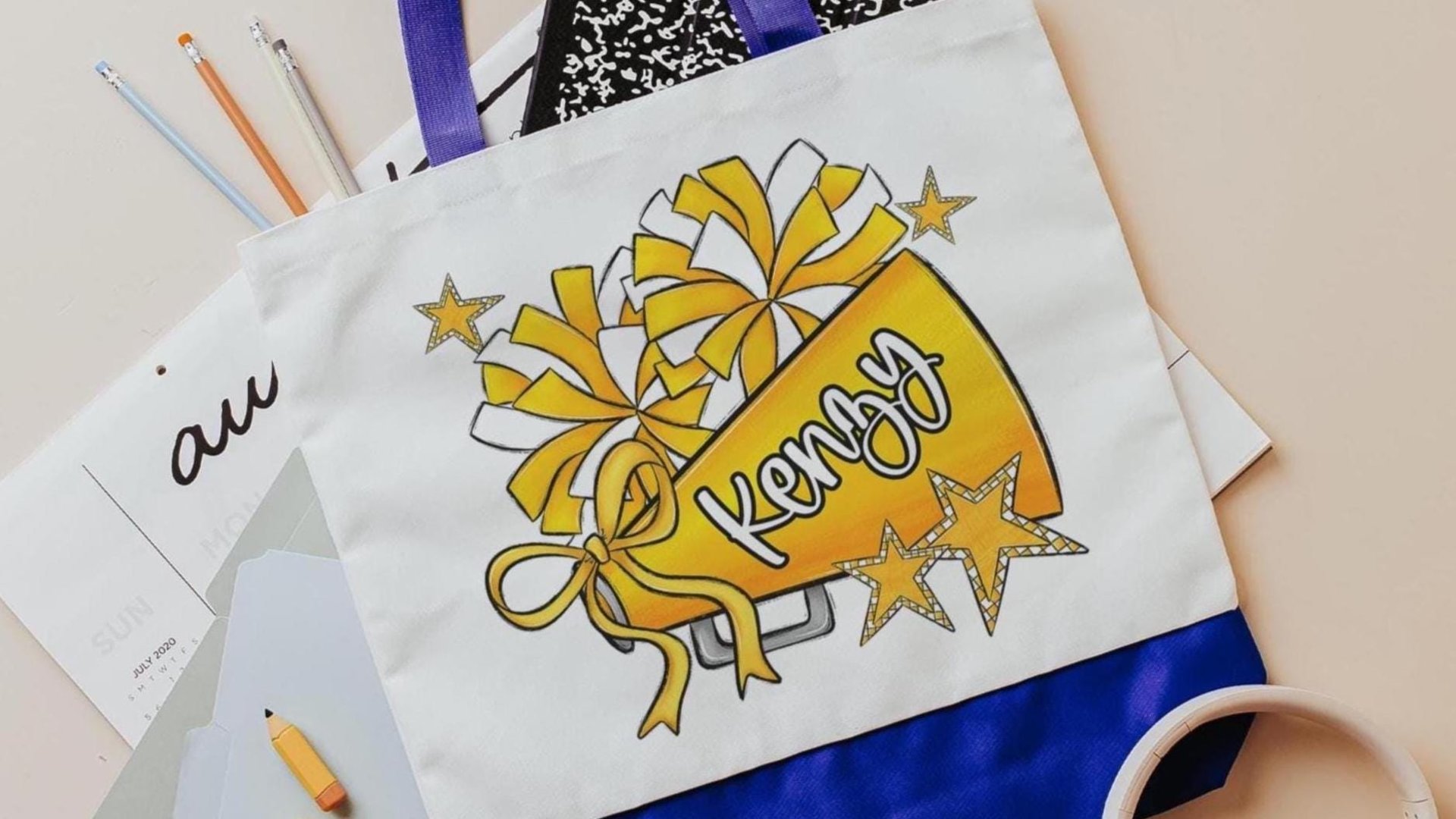 personalized cheer tote bag with name, yellow school spirit cheerleading gifts for girls, Christmas gifts for cheerleaders stocking stuffers