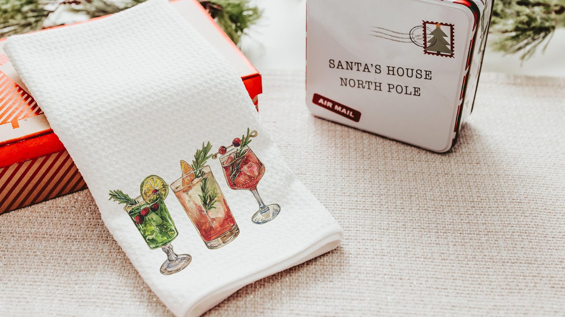 Christmas cocktail kitchen towels for Christmas bar accessories for home bar, holiday hosting decor home decor gift for couple, Xmas hand