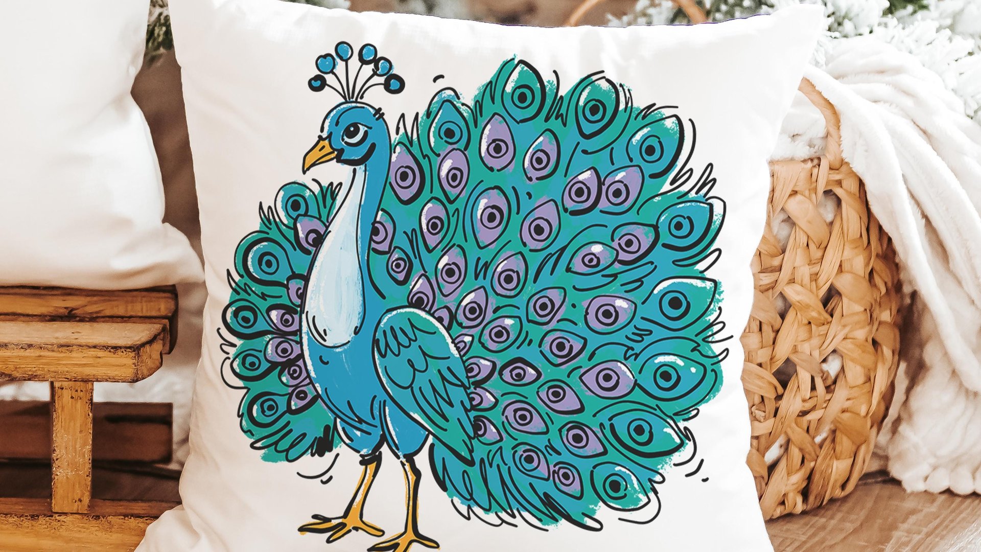 turquoise peacock throw pillow for women apartment decor for girls, teal peacock kitchen towels for friends, cute peacock gifts, dorm decor