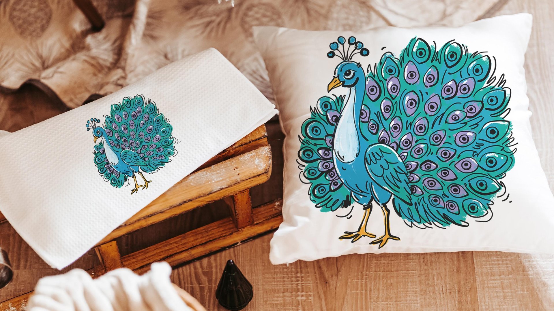 turquoise peacock throw pillow for women apartment decor for girls, teal peacock kitchen towels for friends, cute peacock gifts, dorm decor