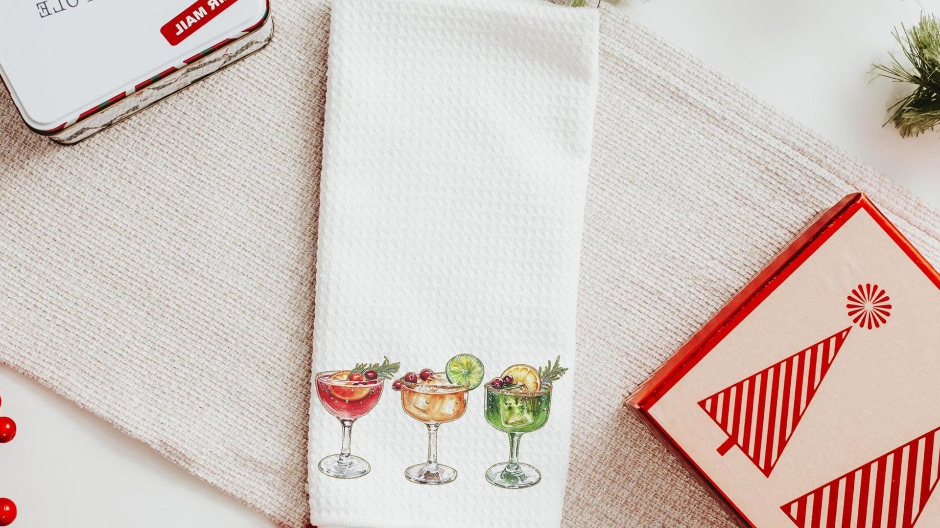 Christmas cocktail kitchen towels for Christmas bar accessories for home bar, holiday hosting decor home decor gift for couple, Xmas hand