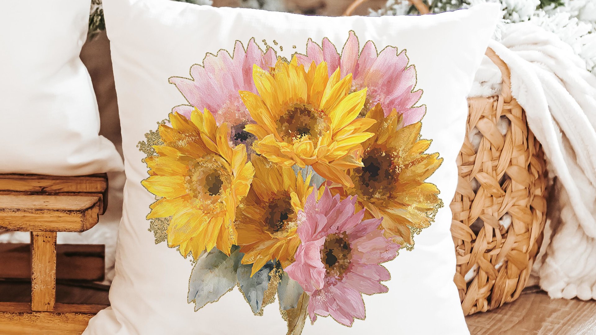 yellow daisy throw pillow for bed light pink daisy bathroom accessories, daisy gifts for women, floral kitchen towel for Mom, birth flower