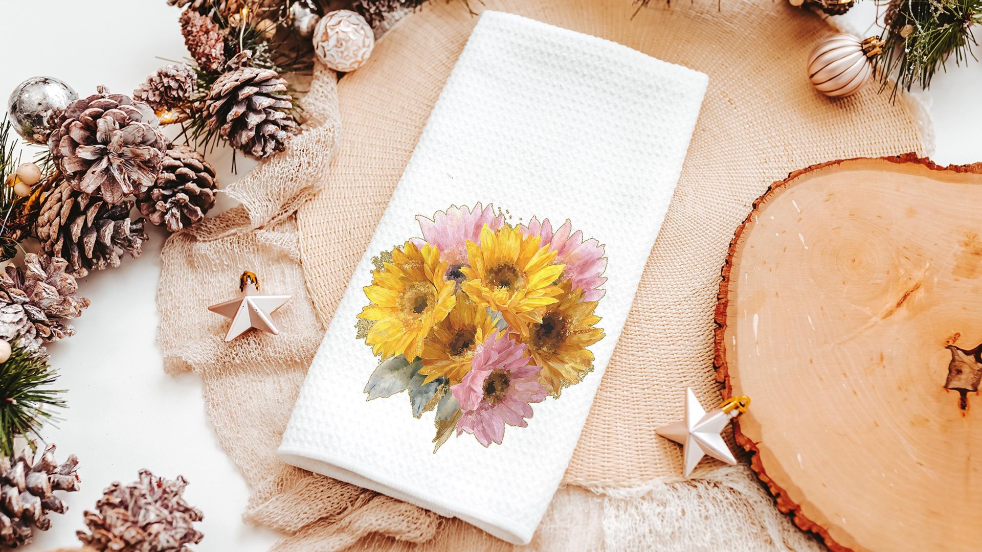 yellow daisy throw pillow for bed light pink daisy bathroom accessories, daisy gifts for women, floral kitchen towel for Mom, birth flower