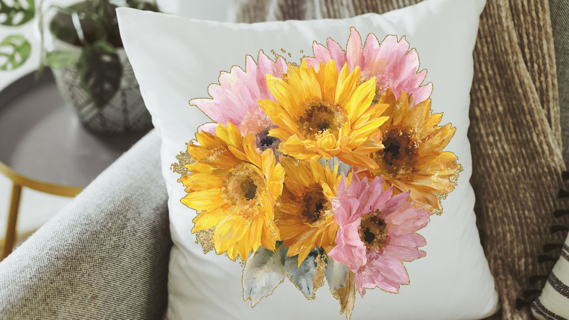 yellow daisy throw pillow for bed light pink daisy bathroom accessories, daisy gifts for women, floral kitchen towel for Mom, birth flower