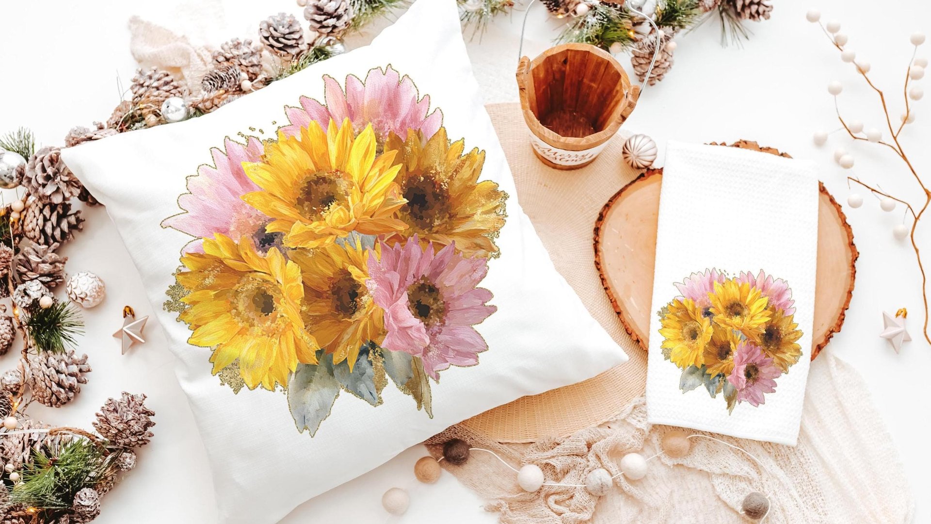 yellow daisy throw pillow for bed light pink daisy bathroom accessories, daisy gifts for women, floral kitchen towel for Mom, birth flower