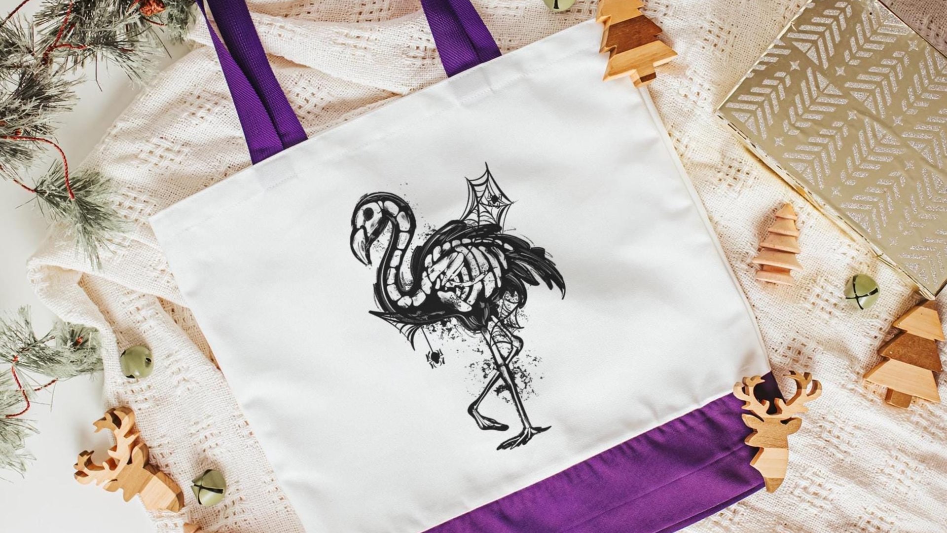 Halloween flamingo skeleton trick or treat bag for girls, spooky cute Halloween tote bag for women, boo basket stuffers for girlfriend, goth