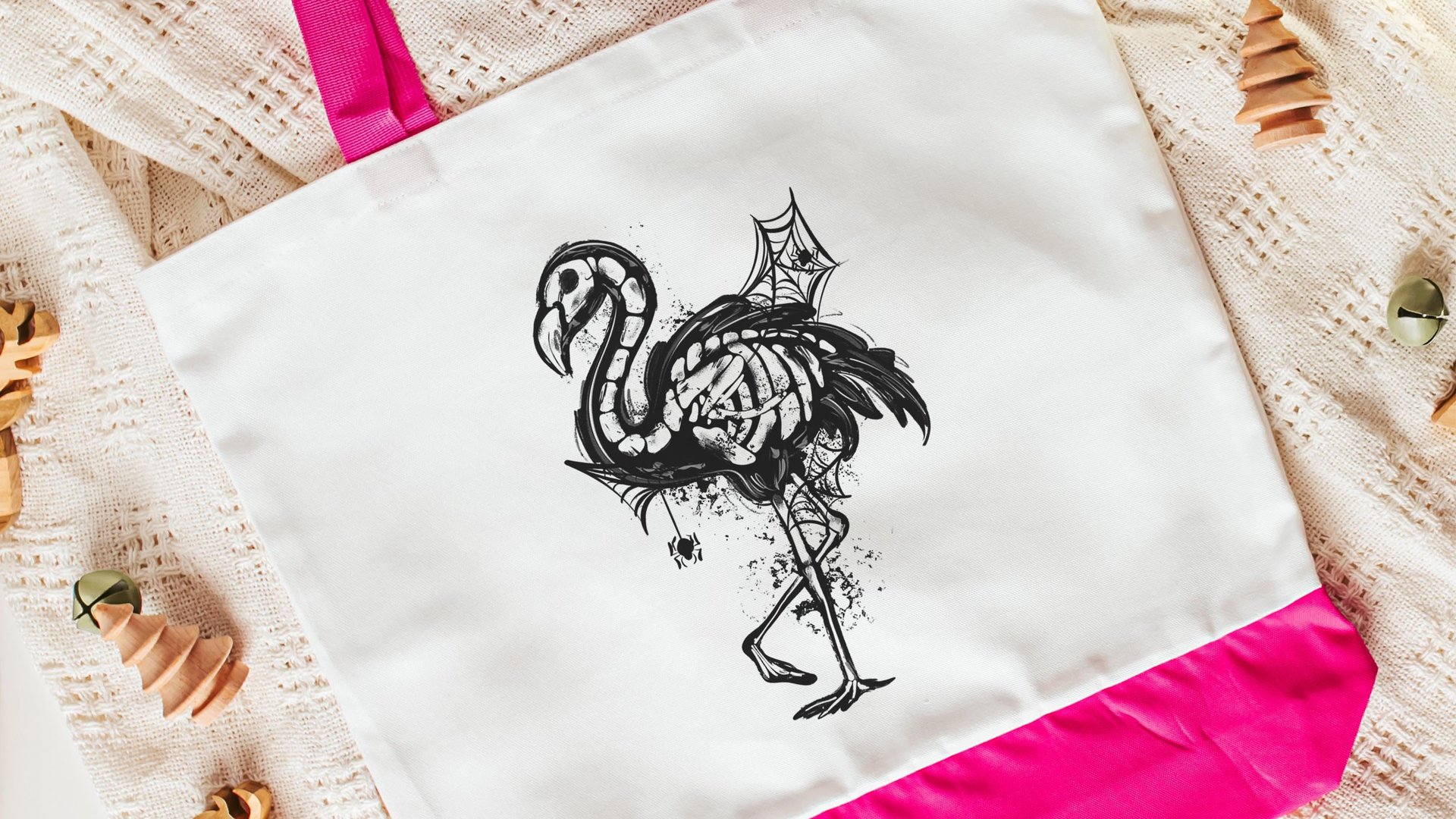 Halloween flamingo skeleton trick or treat bag for girls, spooky cute Halloween tote bag for women, boo basket stuffers for girlfriend, goth