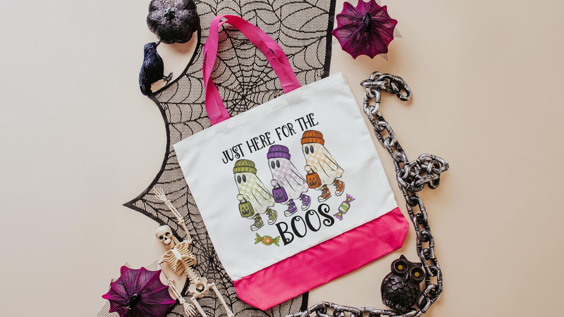 just here for the boos trick or treat bags for girls, funny Halloween tote bag for women, boo basket gifts for her, checkered ghost makeup