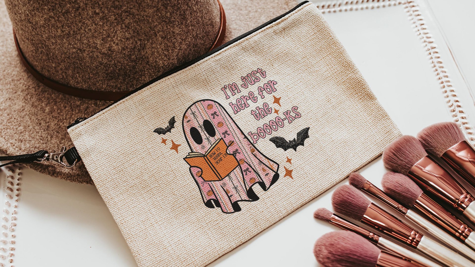 just here for the books librarian tote bag for women, bookish ghost trick or treat bags for girls, cute Halloween coquette makeup bags best