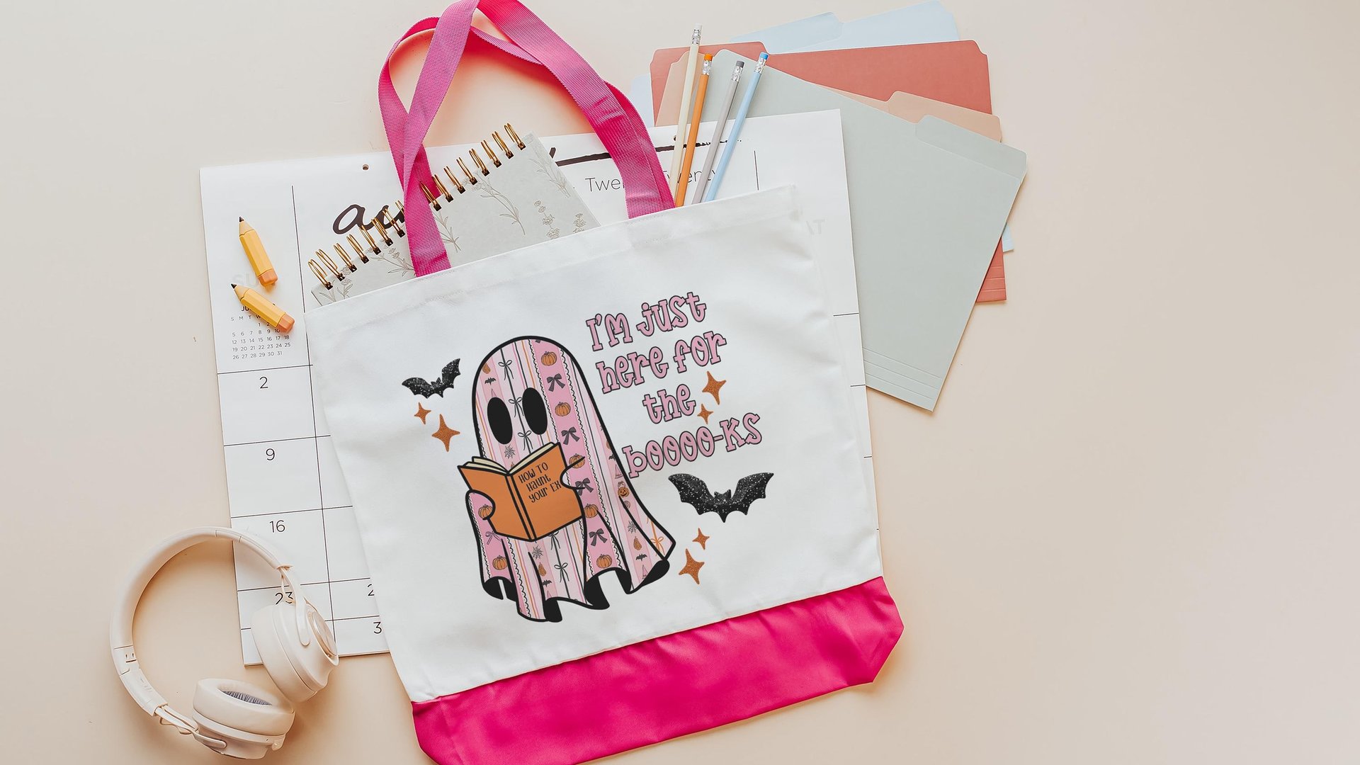 just here for the books librarian tote bag for women, bookish ghost trick or treat bags for girls, cute Halloween coquette makeup bags best