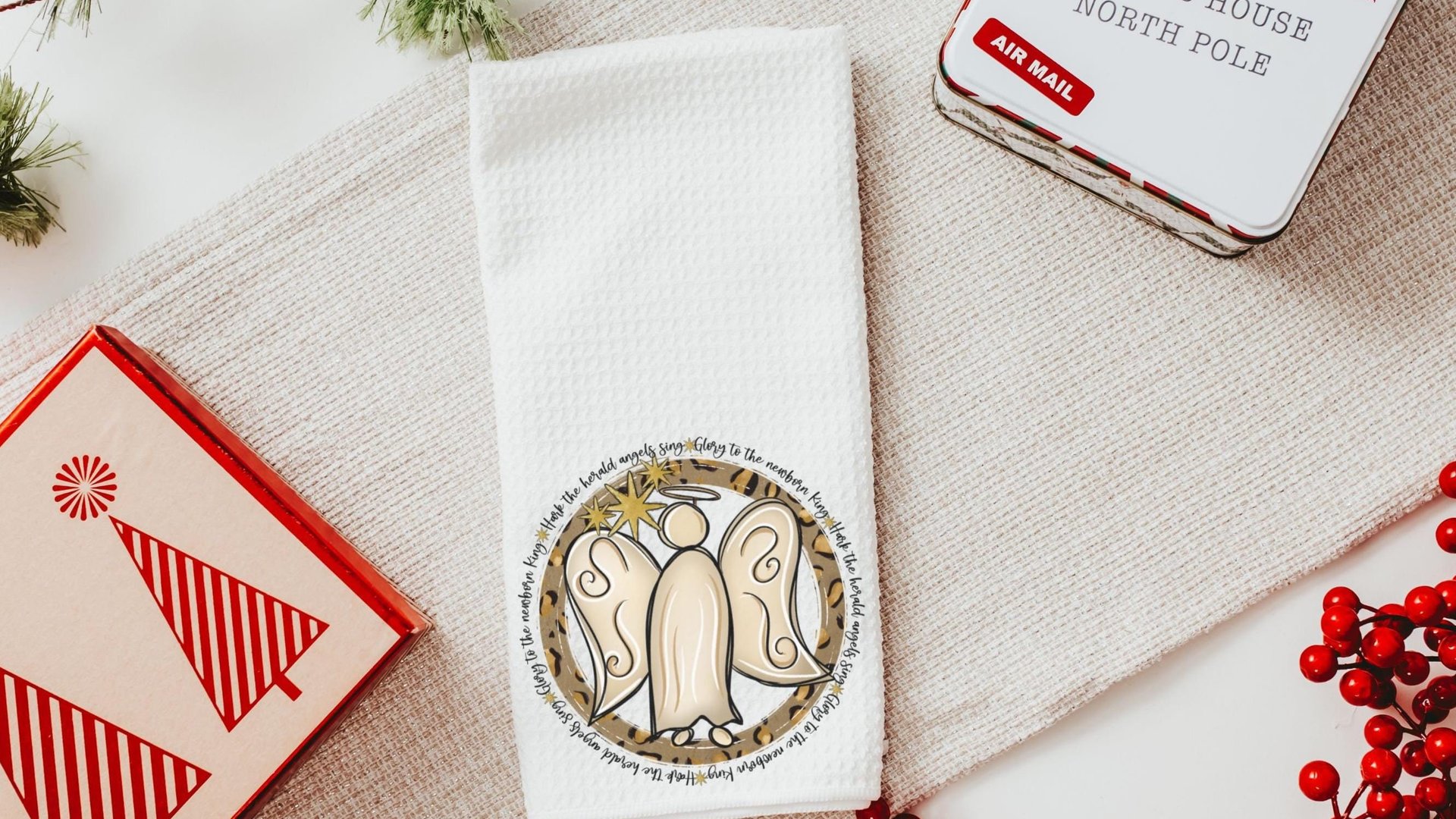 hark the herald angels sing religious Christmas throw pillow for sofa, Christian Christmas gifts for friends, angel Christmas kitchen towels