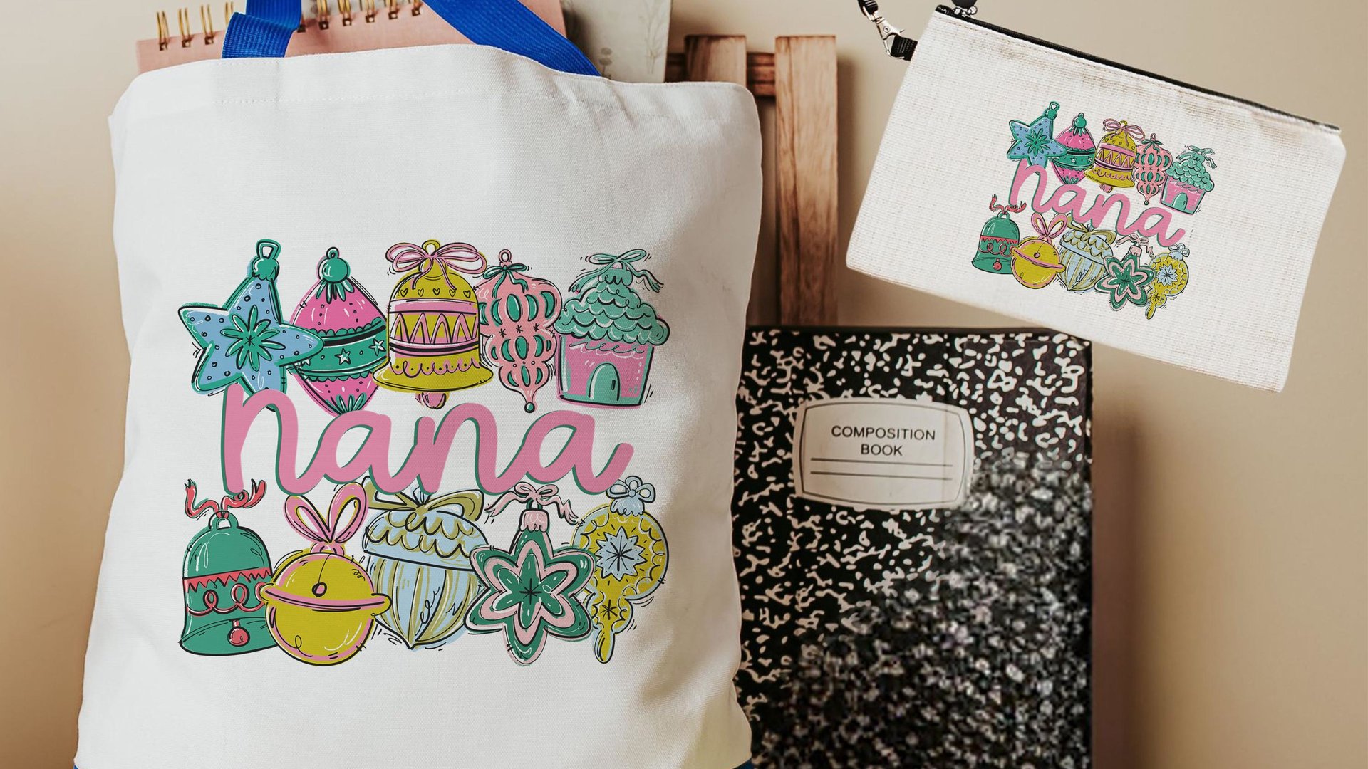 pink Christmas tote bag for nana Christmas gifts from grandchildren, whimsical Christmas makeup bags best sellers, stocking stuffers for