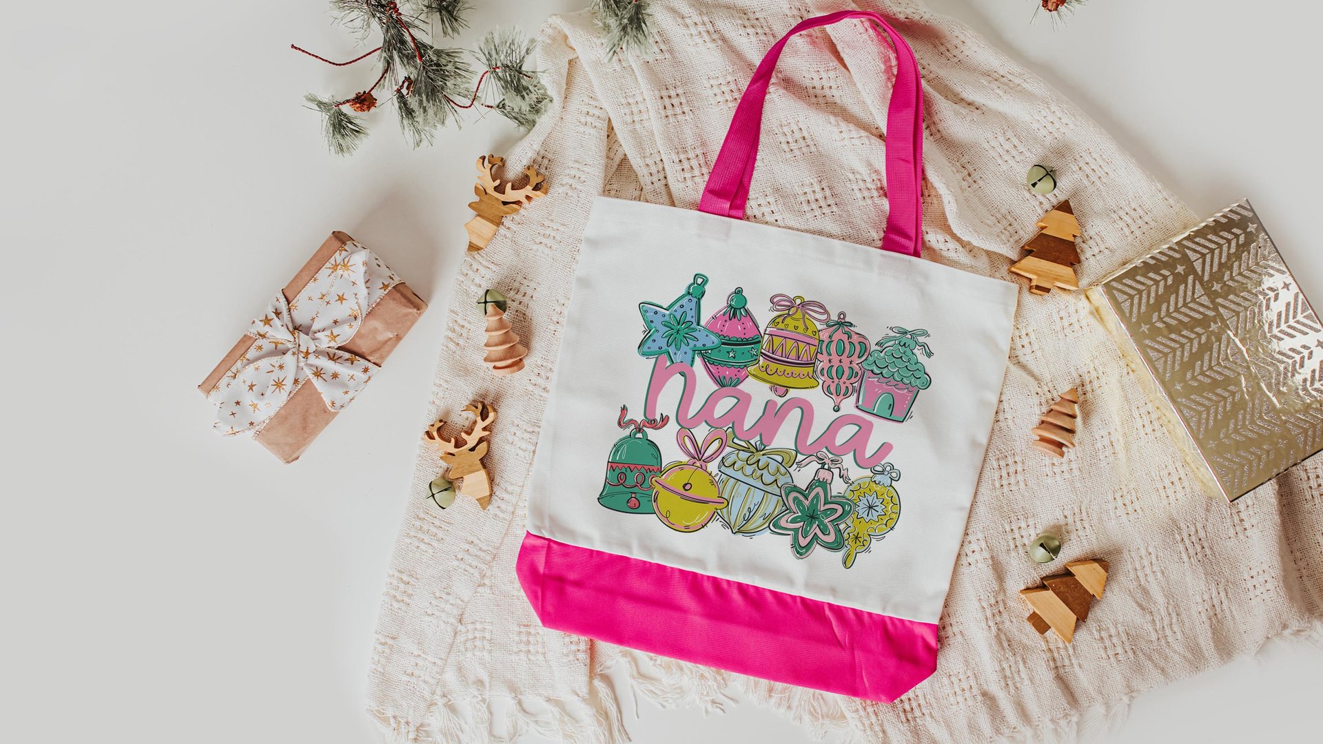 pink Christmas tote bag for nana Christmas gifts from grandchildren, whimsical Christmas makeup bags best sellers, stocking stuffers for