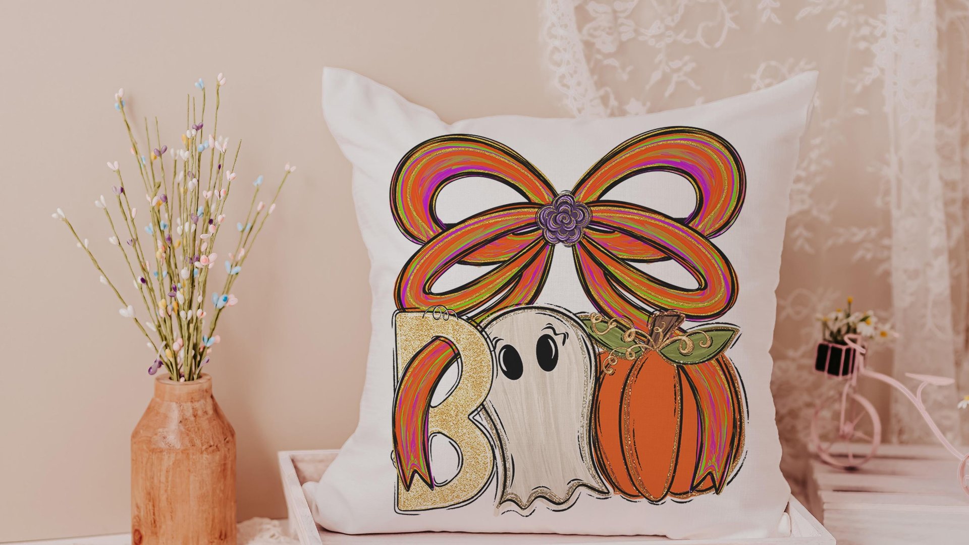boo Halloween throw pillows for chair, boo basket gifts for her, cute ghost Halloween kitchen towels, spooky season gifts, fall host gift