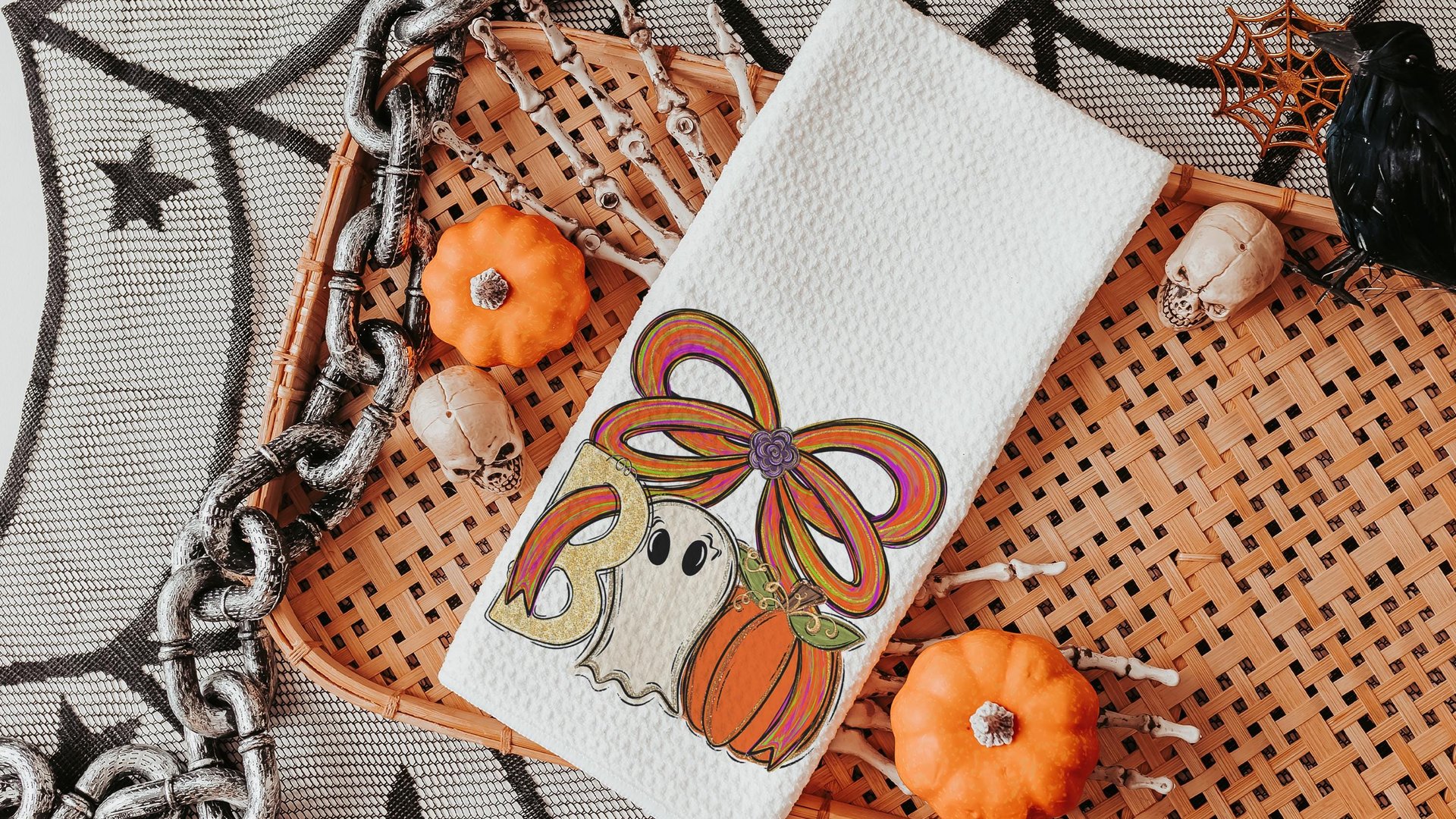 boo Halloween throw pillows for chair, boo basket gifts for her, cute ghost Halloween kitchen towels, spooky season gifts, fall host gift