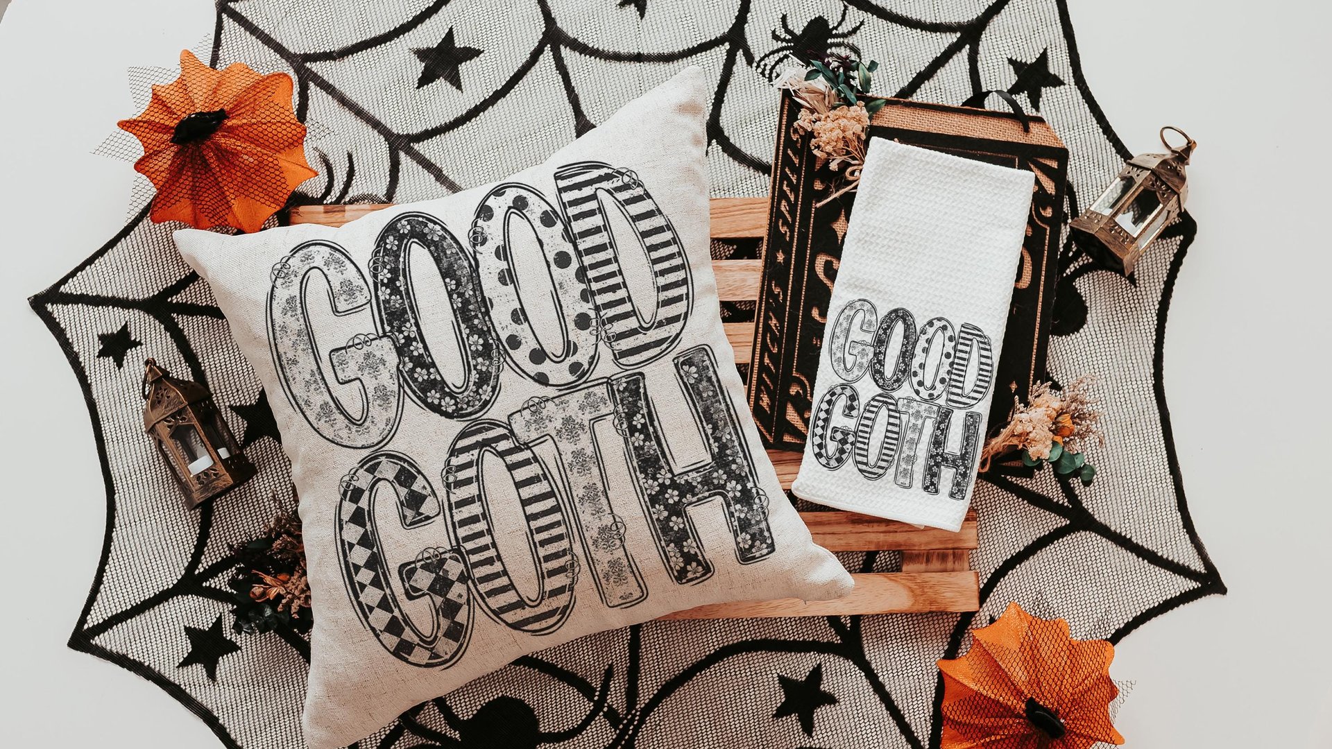 good goth throw pillow for couch funny Halloween gifts for adults, Halloween coquette kitchen towels, boo basket gifts for best friends