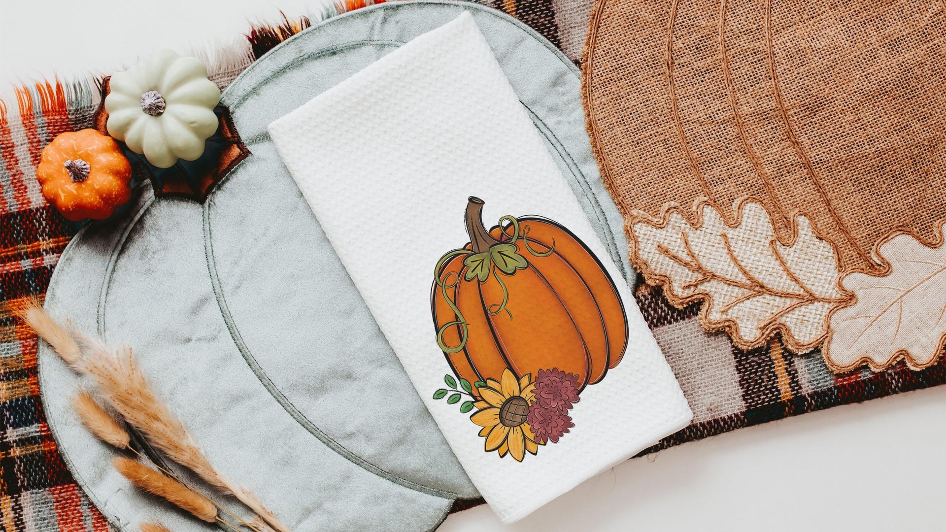 pumpkin harvest plaid pumpkin kitchen towels home essentials, fall housewarming gift for women, pumpkin spice kitchen decor, sunflower gifts