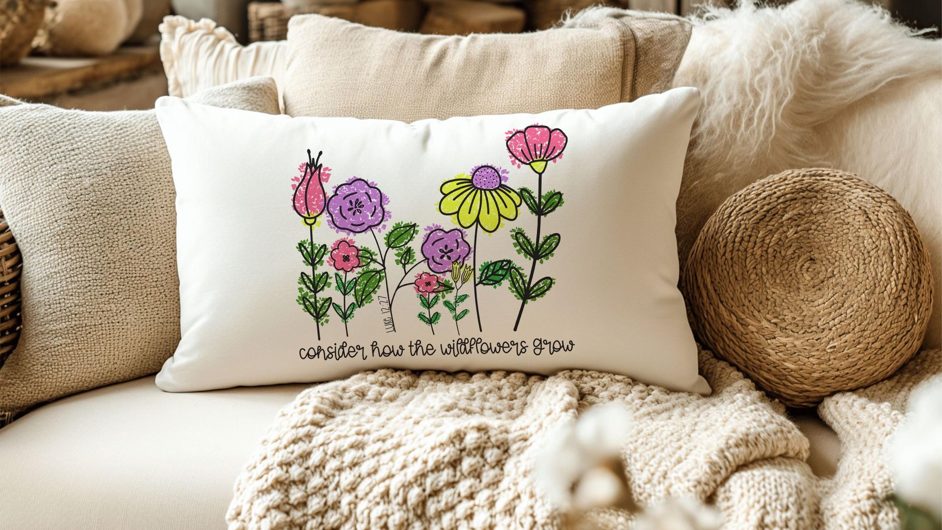 consider how the wildflowers grow lumbar throw pillows for couch religious decorative pillows for girls, Luke 12:27 decor, Christian nursery