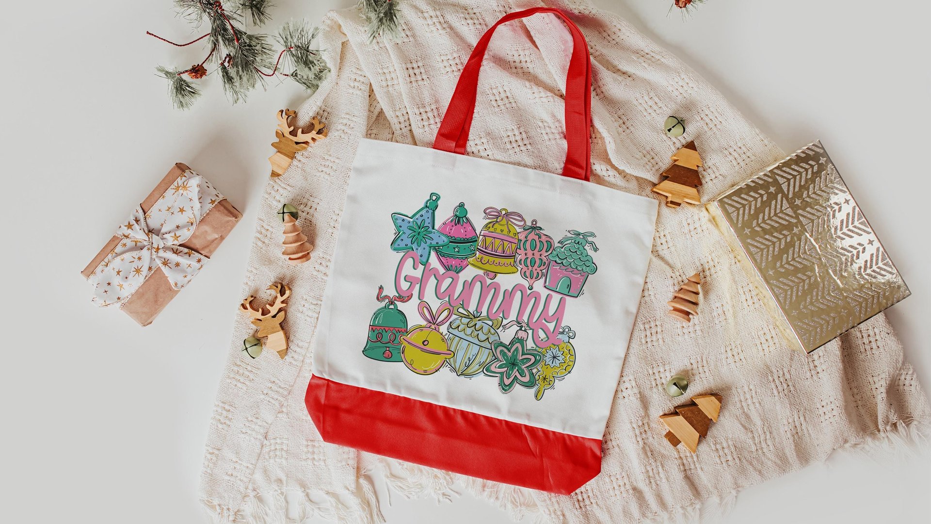 cute grammy tote bag for gift, grammy Christmas gifts for mother in law, whimsical Christmas tote bags for holding gifts, grammy to be gifts