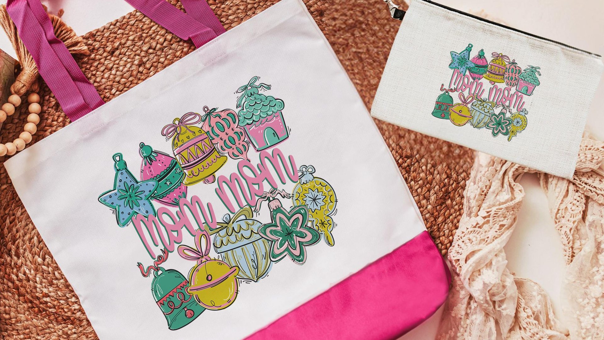 mom mom to be tote bags for grandma, mom mom Christmas gifts for MIL, pastel Christmas cosmetic bag for women, mom mom gift, Christmas tote