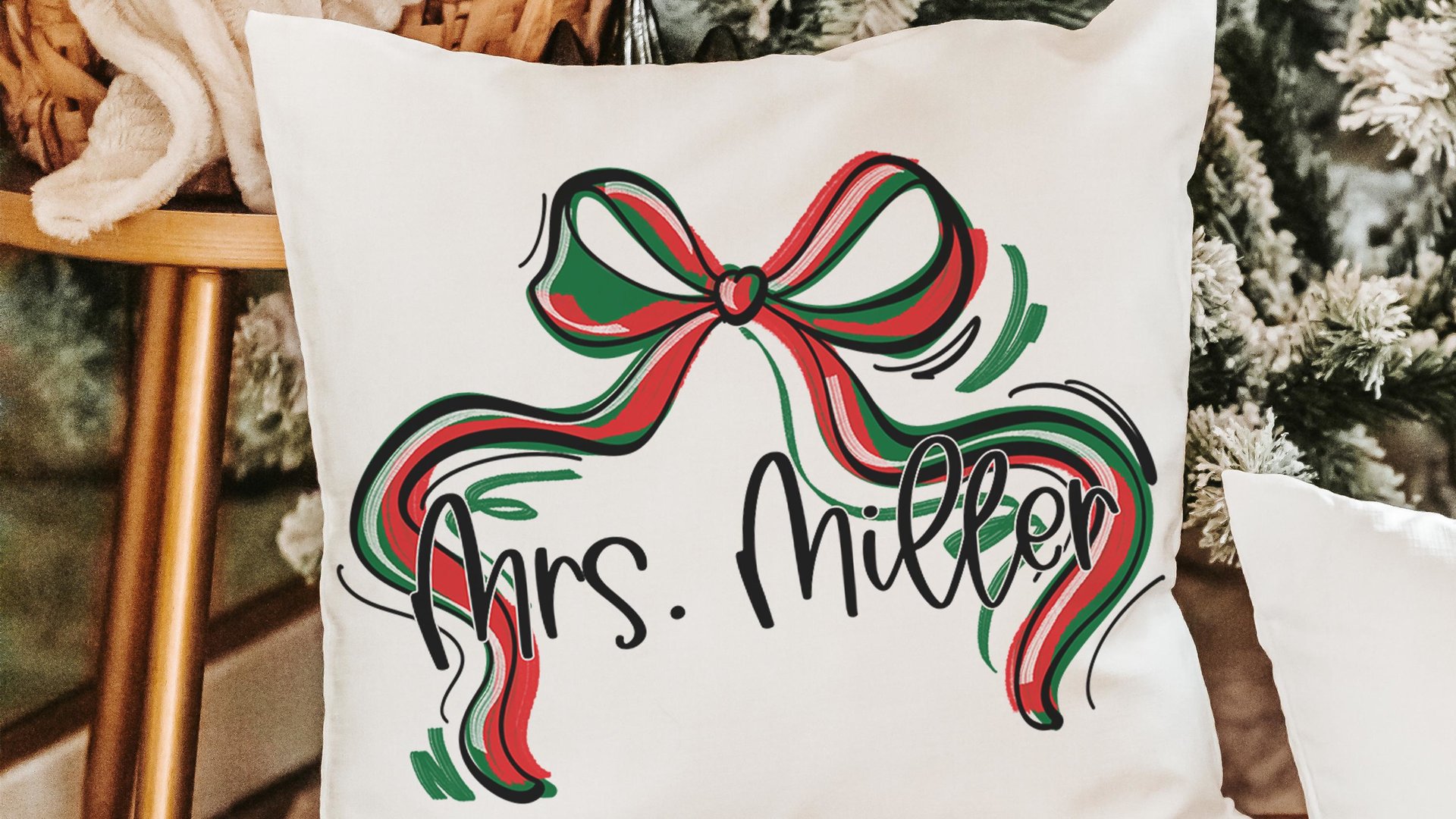 personalized Christmas coquette throw pillow with name, red and green Christmas bow accent pillow for couch, whimsical Christmas gifts for