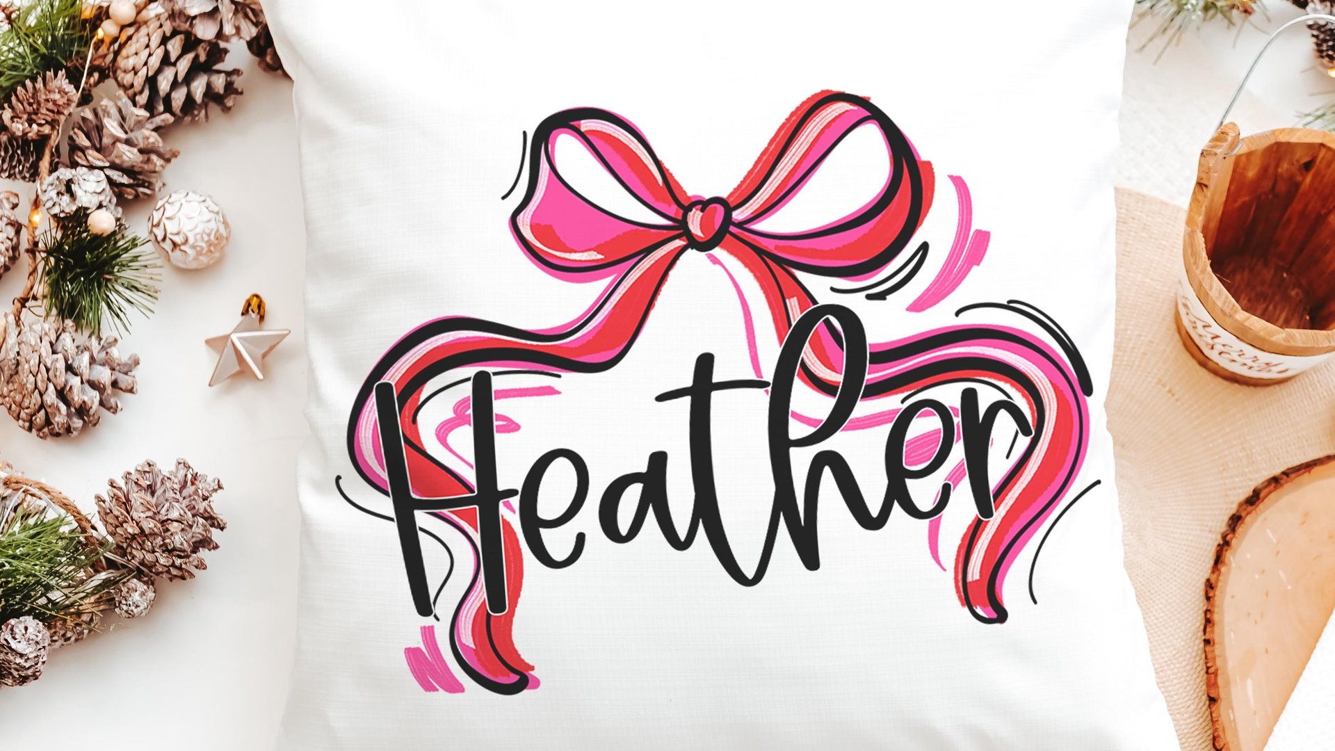 personalized Christmas coquette throw pillow with name, red and green Christmas bow accent pillow for couch, whimsical Christmas gifts for