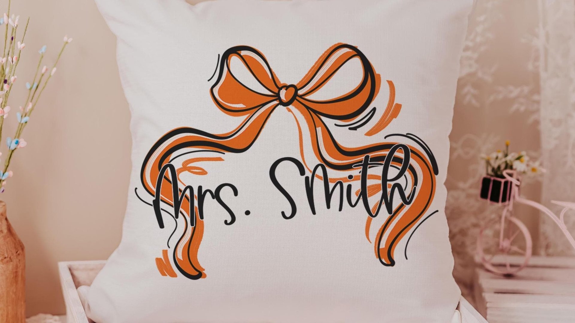 personalized Christmas coquette throw pillow with name, red and green Christmas bow accent pillow for couch, whimsical Christmas gifts for