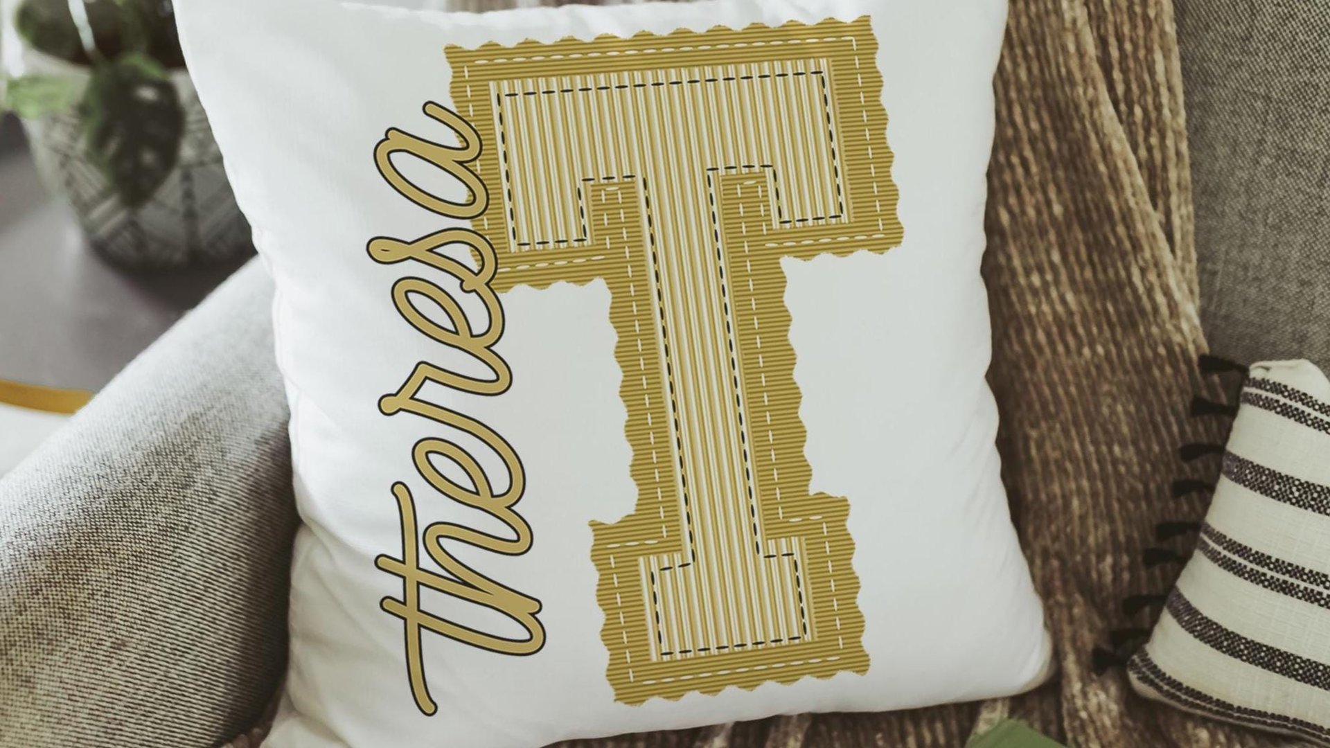 personalized butter yellow seersucker pillow with name, initial throw pillow for girls, Christmas gifts for teenage girls, preppy pillows