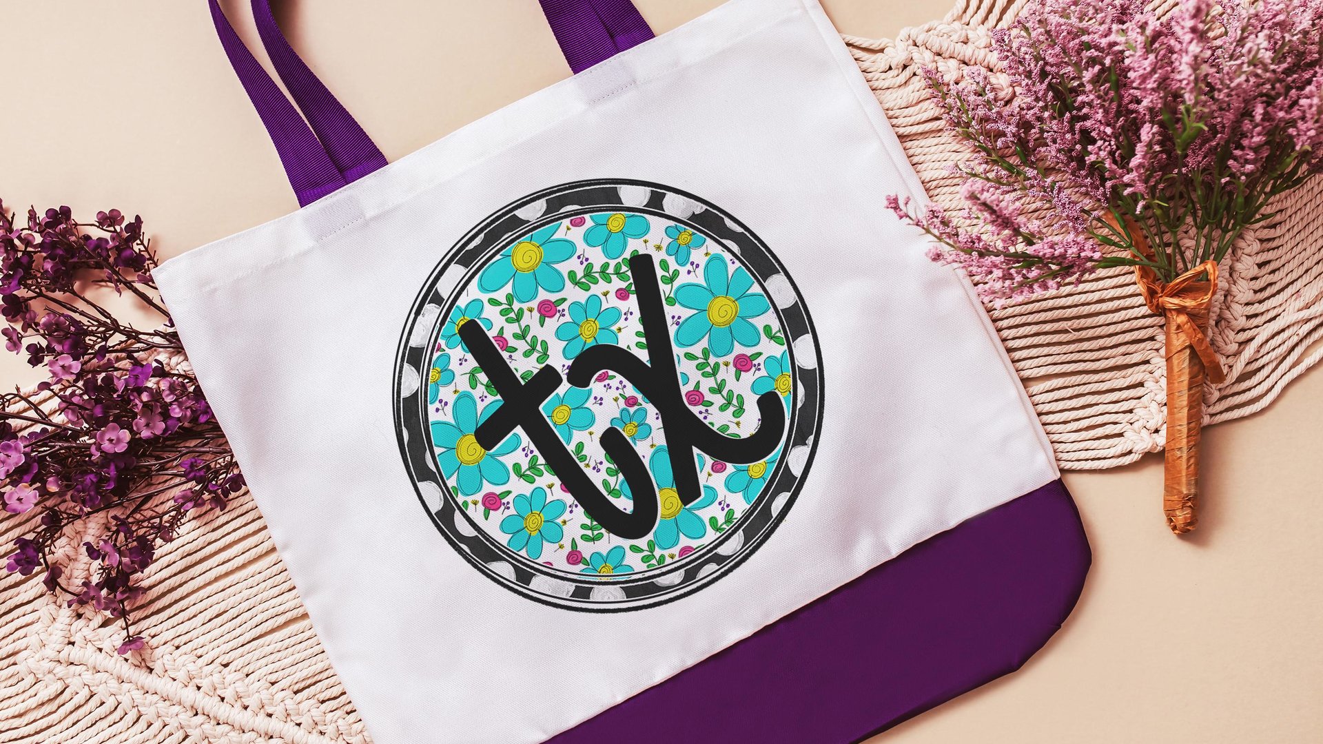 turquoise floral Texas tote bag for new homeowners, Texas Christmas gifts for neighbors, TX bag for gift, moving to Texas gifts for women