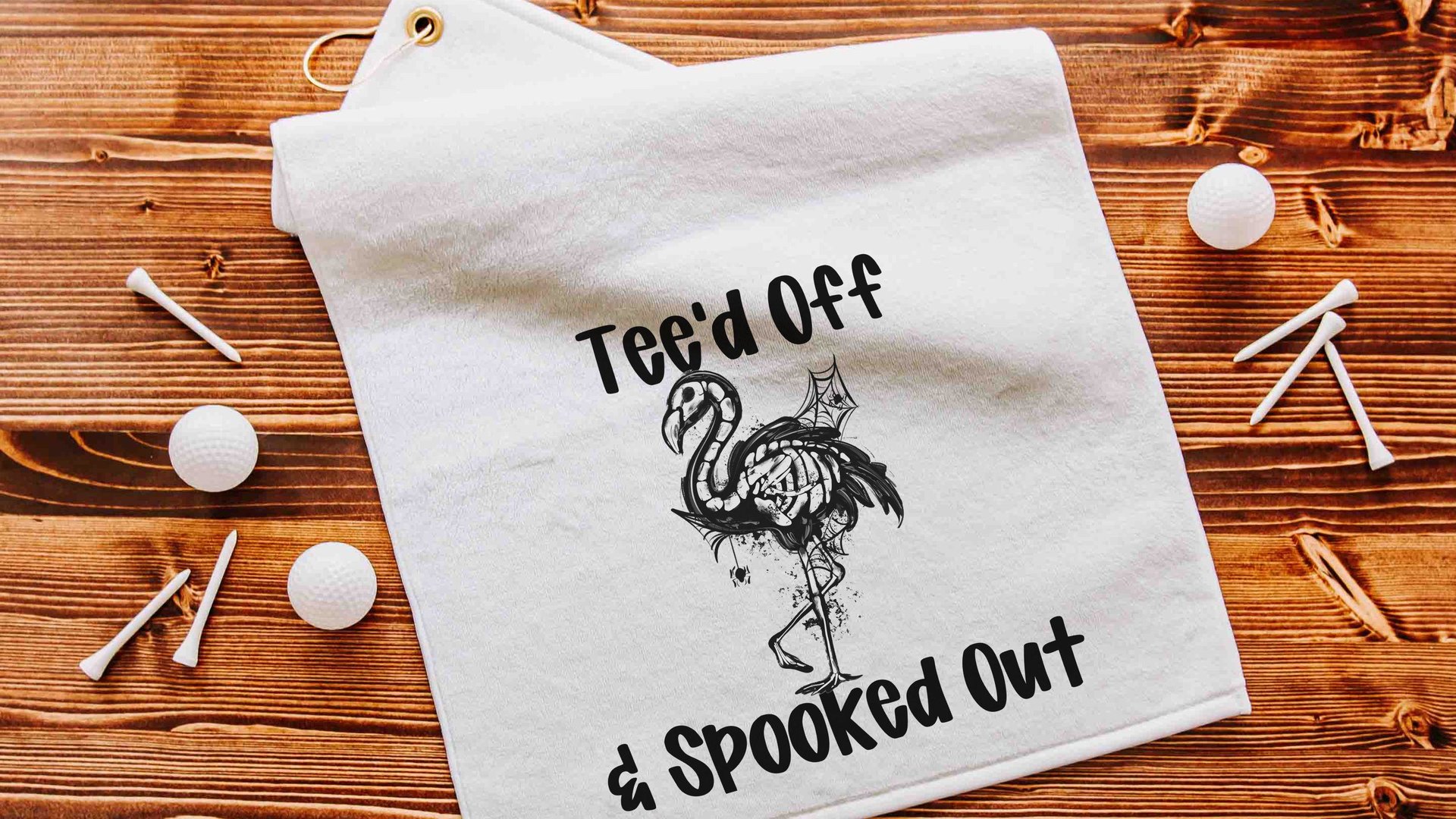 flamingo skeleton funny golf towels with grommet, Halloween golf ball towel with hook, flamingo gifts for women, spooky cute golf gifts for