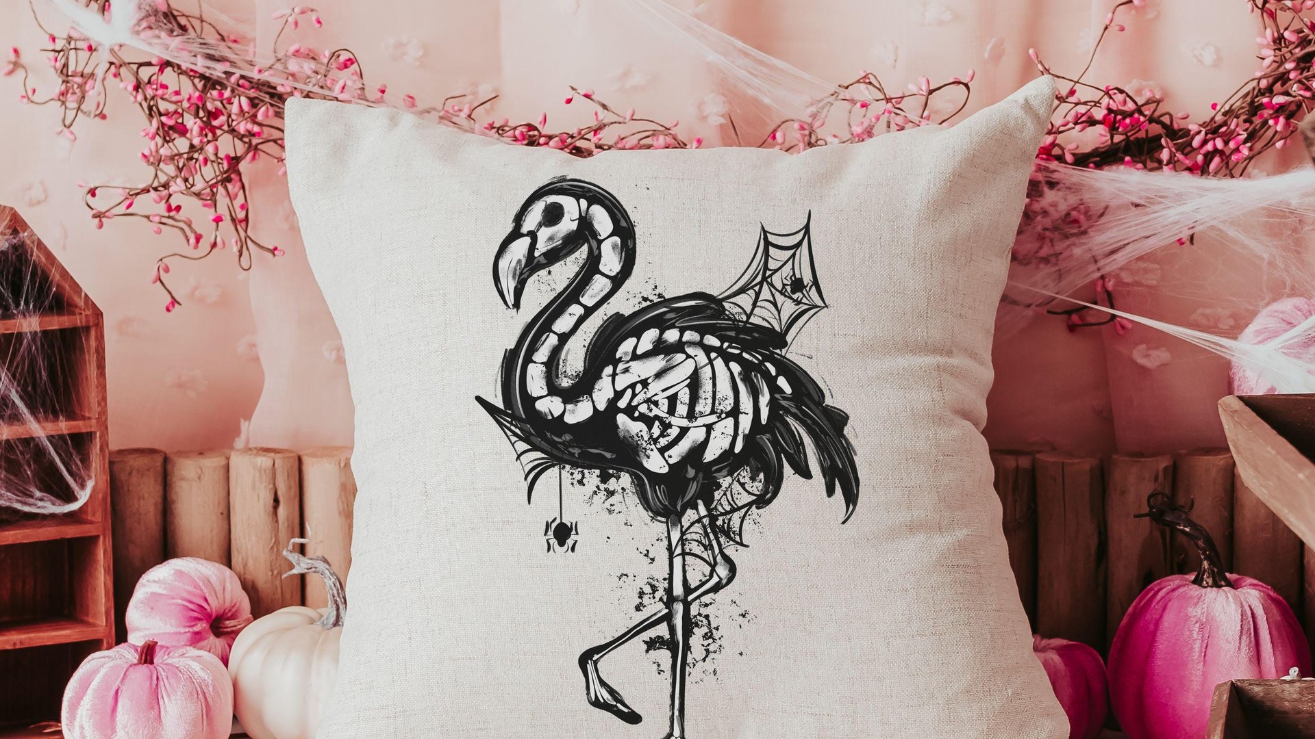flamingo skeleton throw pillows for living room, spooky cute Halloween decor for gifts, boo basket stuffers for girlfriend, beach goth gifts