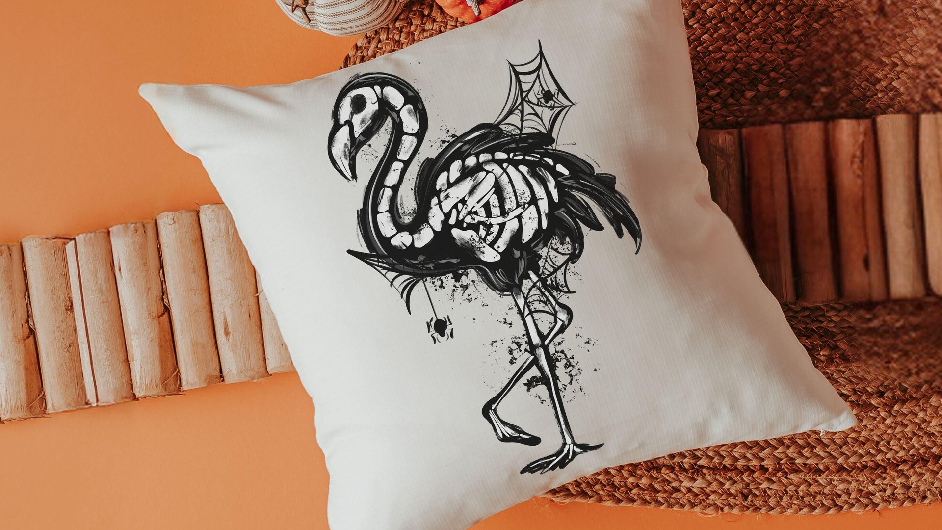 flamingo skeleton throw pillows for living room, spooky cute Halloween decor for gifts, boo basket stuffers for girlfriend, beach goth gifts