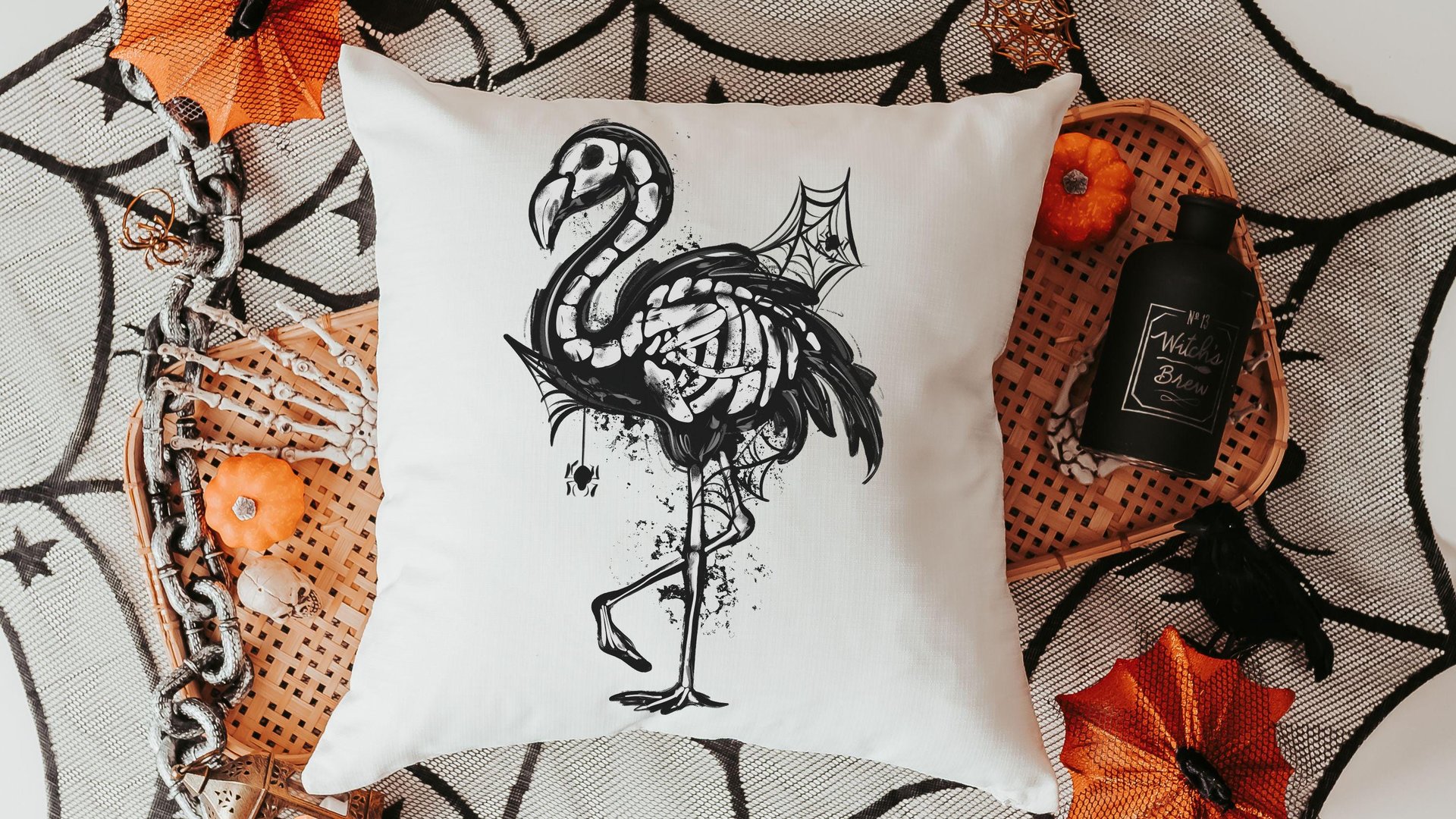 flamingo skeleton throw pillows for living room, spooky cute Halloween kitchen towels home essentials, flamingo gifts for women, beachy
