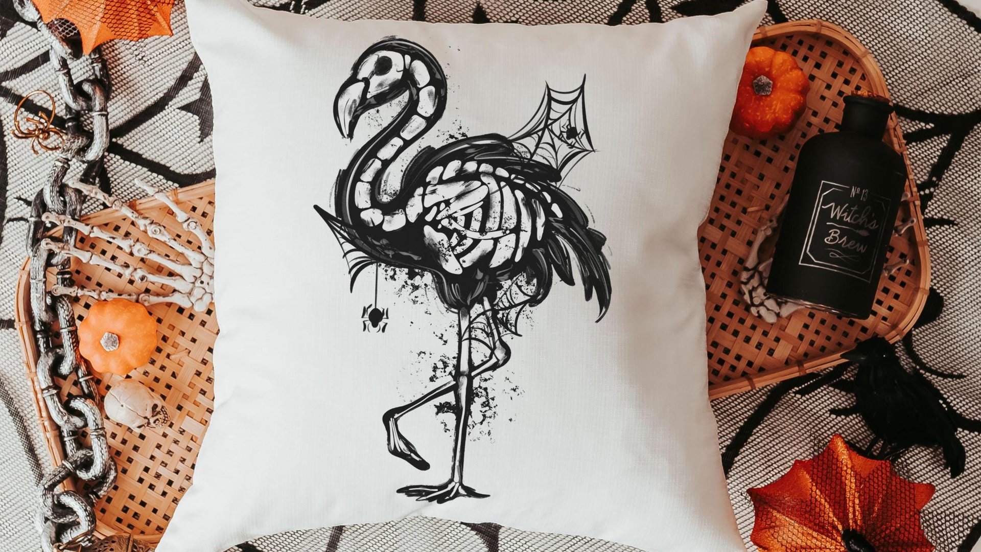 flamingo skeleton throw pillows for living room, spooky cute Halloween decor for gifts, boo basket stuffers for girlfriend, beach goth gifts