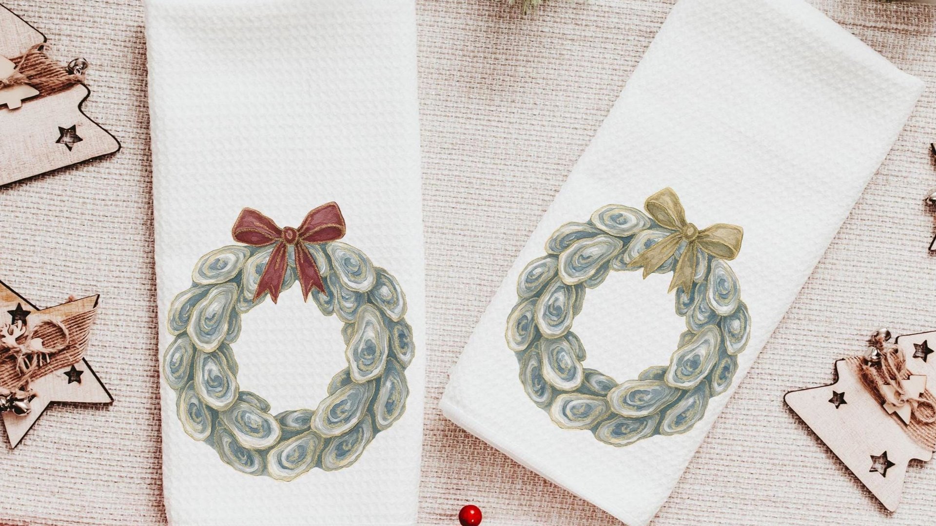 oyster shell Christmas tree kitchen towels for winter, oyster Christmas home decor gifts for Mom, oyster shell Christmas wreath hand towels