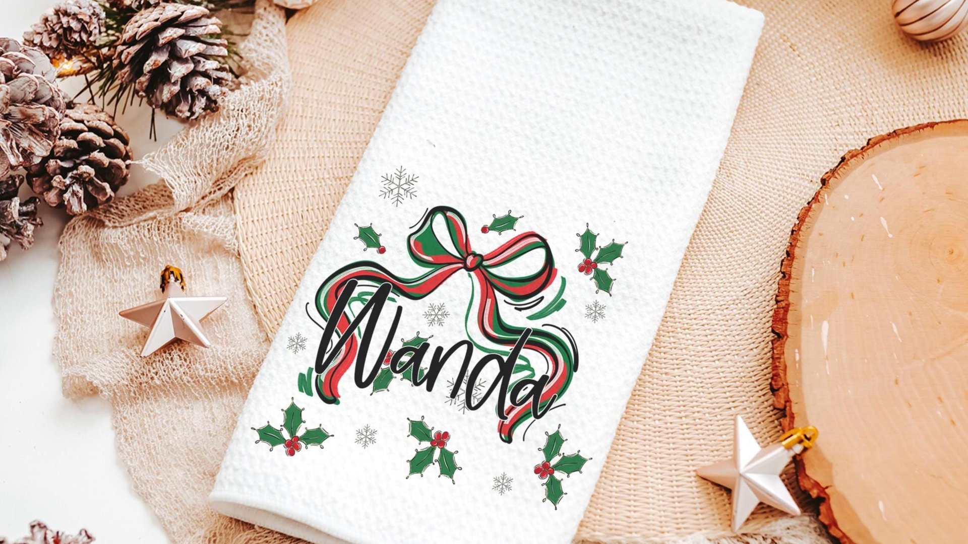 personalized mistletoe and holly Christmas coquette throw pillow with name, Christmas bow accent pillow for couch, cute Christmas gifts for