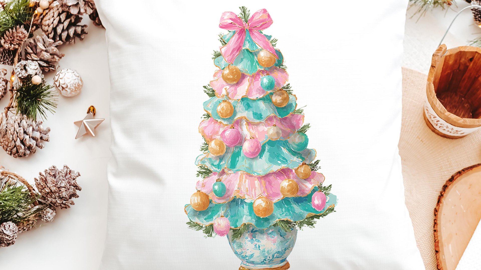 pastel Christmas tree throw pillows for couch pink grandmillenial Christmas kitchen towels for winter, holiday hosting decor home decor gift