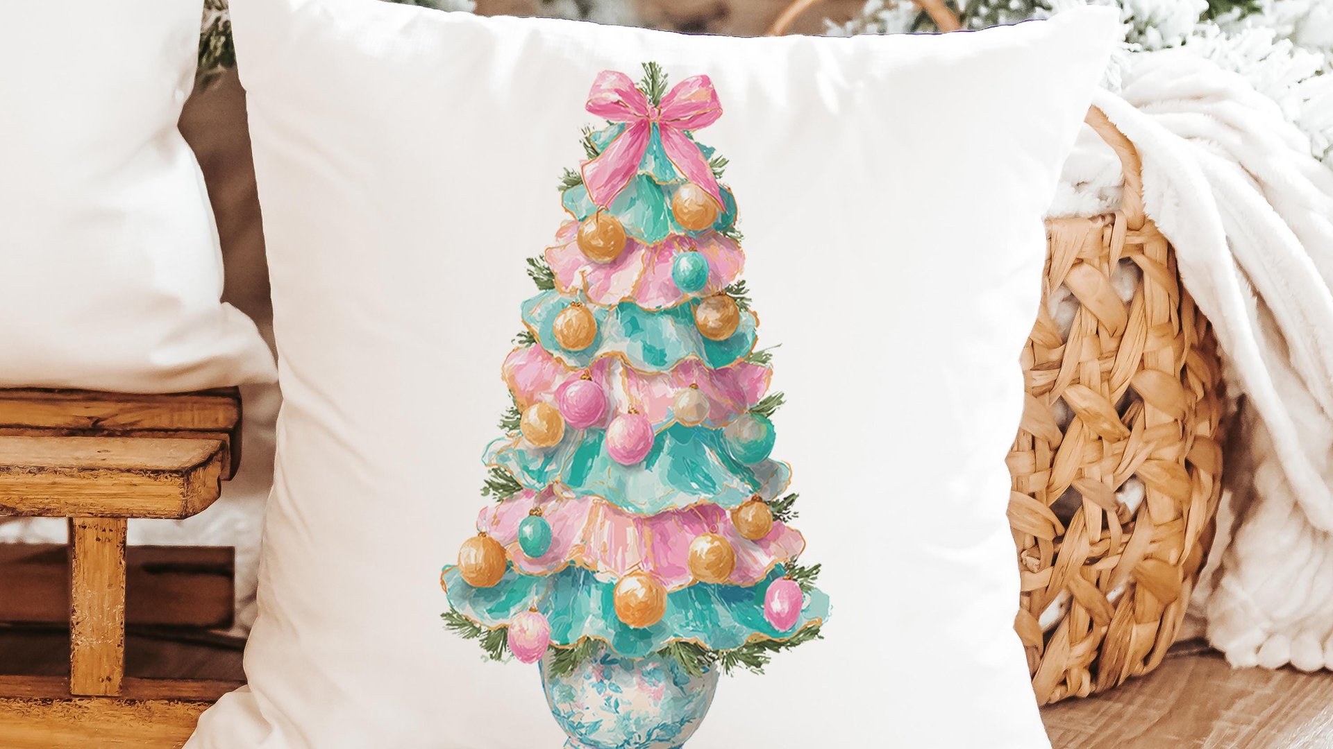 pastel Christmas tree throw pillows for couch pink grandmillenial Christmas kitchen towels for winter, holiday hosting decor home decor gift