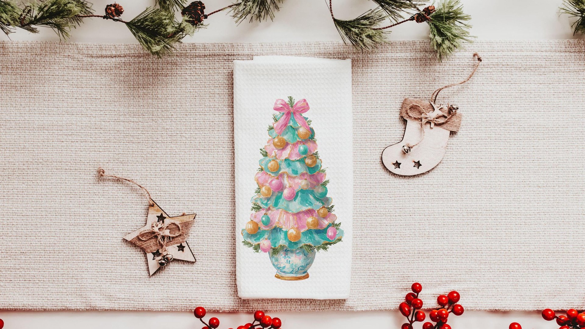 pastel Christmas tree throw pillows for couch pink grandmillenial Christmas kitchen towels for winter, holiday hosting decor home decor gift