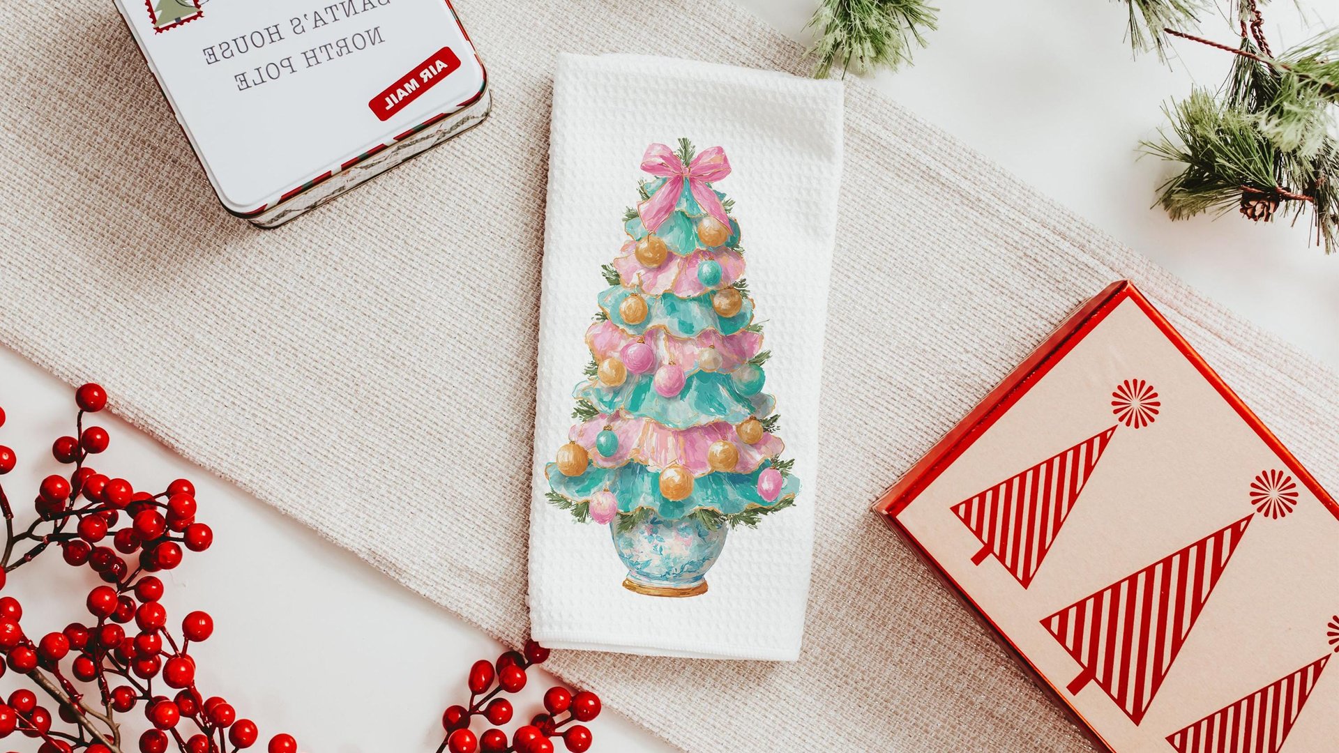 pastel Christmas tree throw pillows for couch pink grandmillenial Christmas kitchen towels for winter, holiday hosting decor home decor gift