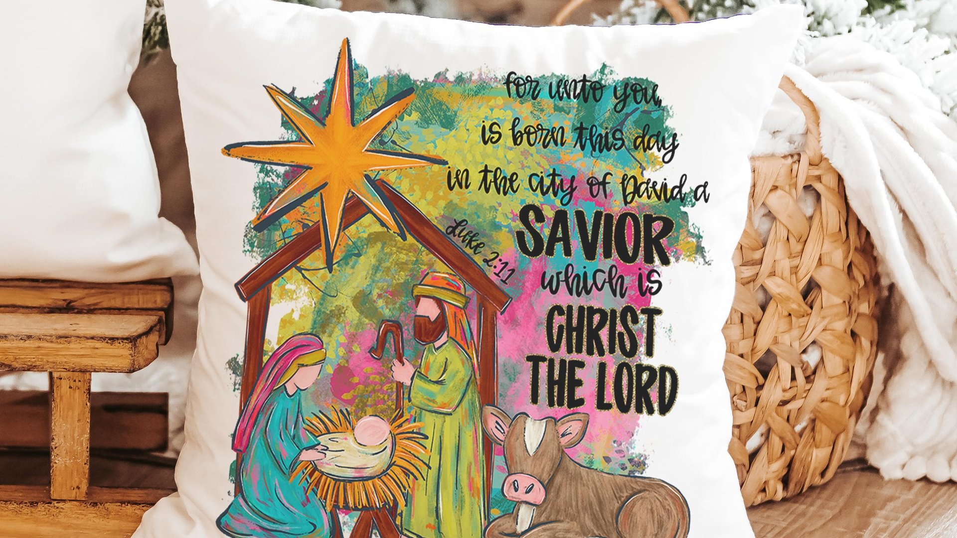 watercolor nativity Joseph Mary Jesus throw pillows for couch religious Christmas hand towels for powder room, Christian Christmas gifts for