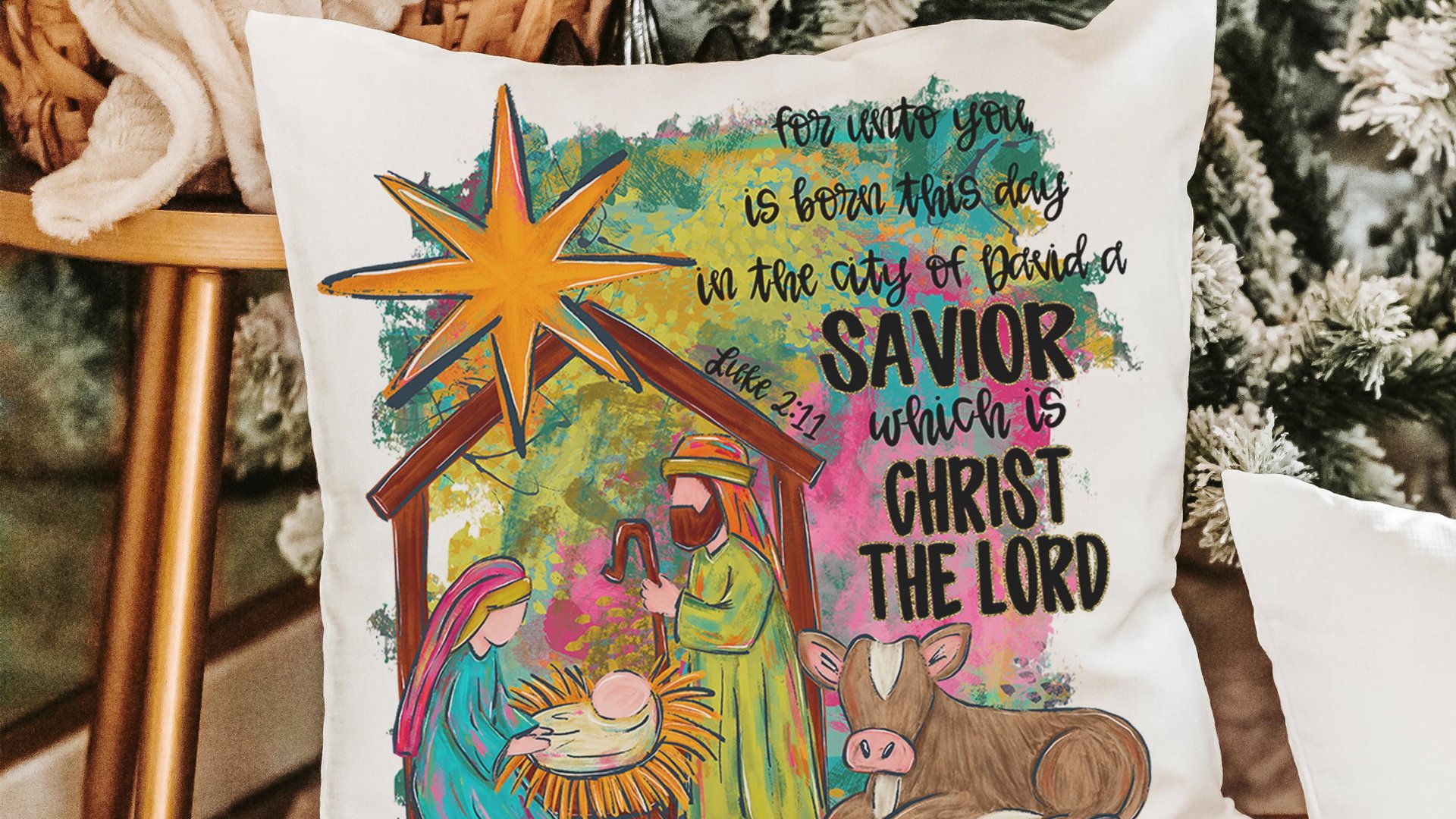 watercolor nativity Joseph Mary Jesus throw pillows for couch religious Christmas hand towels for powder room, Christian Christmas gifts for