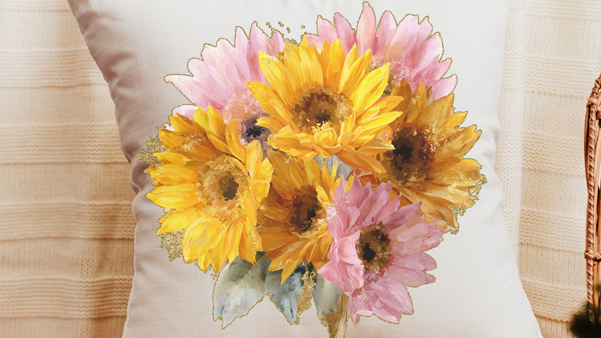 yellow daisy throw pillow for bed light pink daisy bathroom accessories, daisy gifts for women, floral kitchen towel for Mom, birth flower