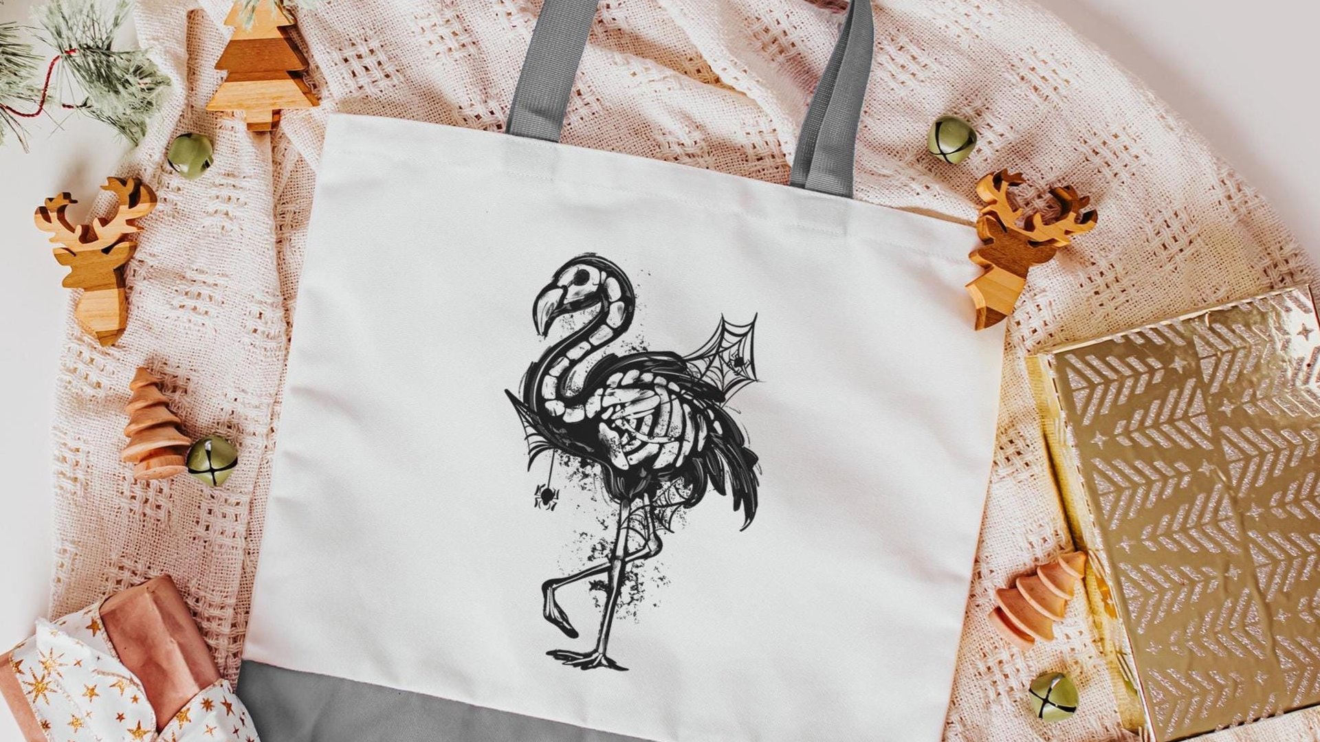 Halloween flamingo skeleton trick or treat bag for girls, spooky cute Halloween tote bag for women, boo basket stuffers for girlfriend, goth