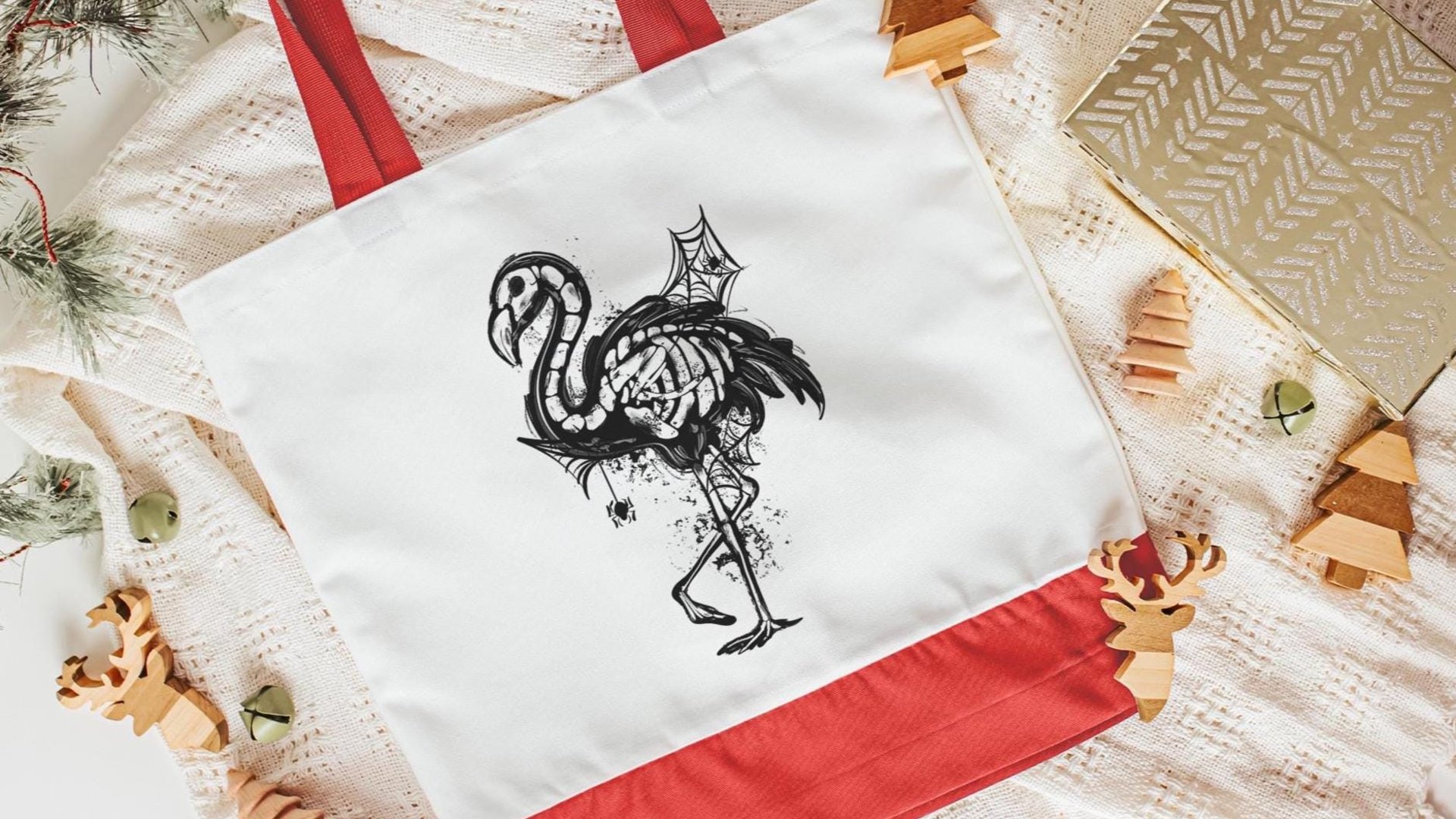 Halloween flamingo skeleton trick or treat bag for girls, spooky cute Halloween tote bag for women, boo basket stuffers for girlfriend, goth