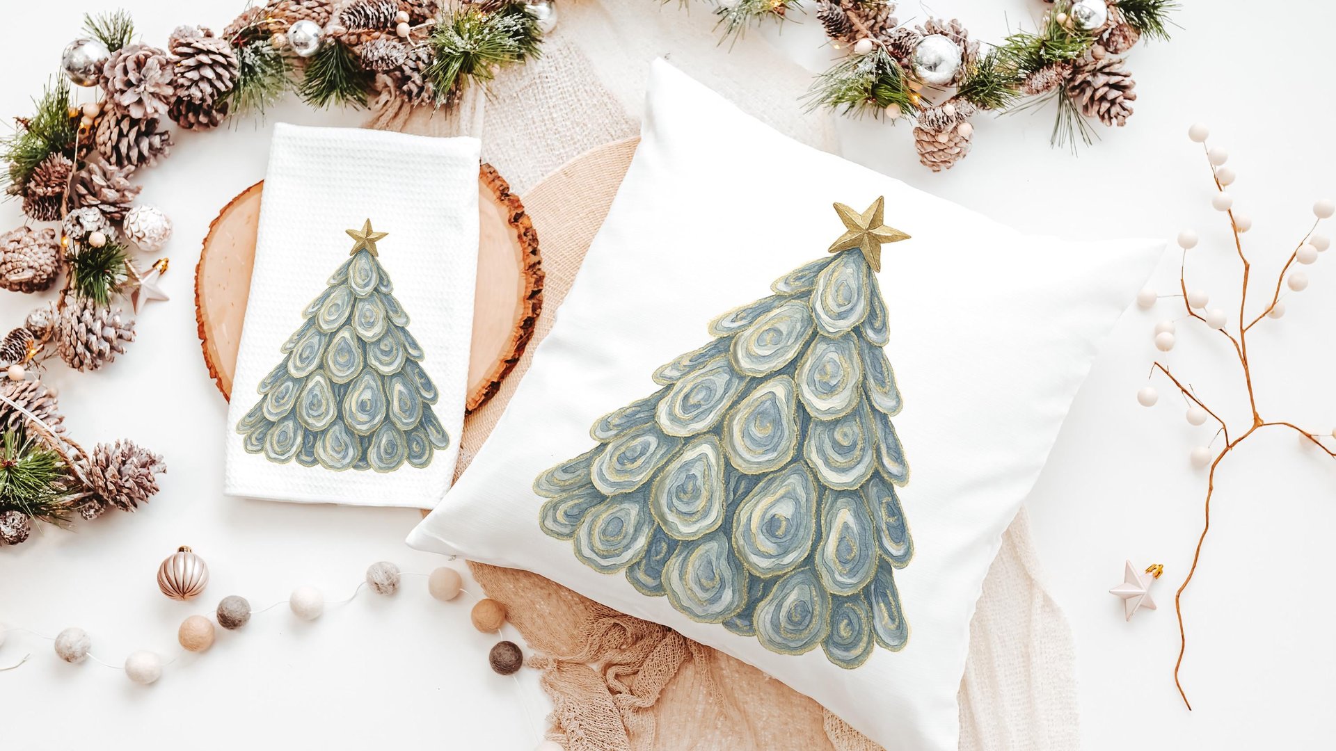 oyster shell Christmas tree tea towel for bathroom, coastal Christmas kitchen towel for women, nautical housewarming gifts for her, holiday