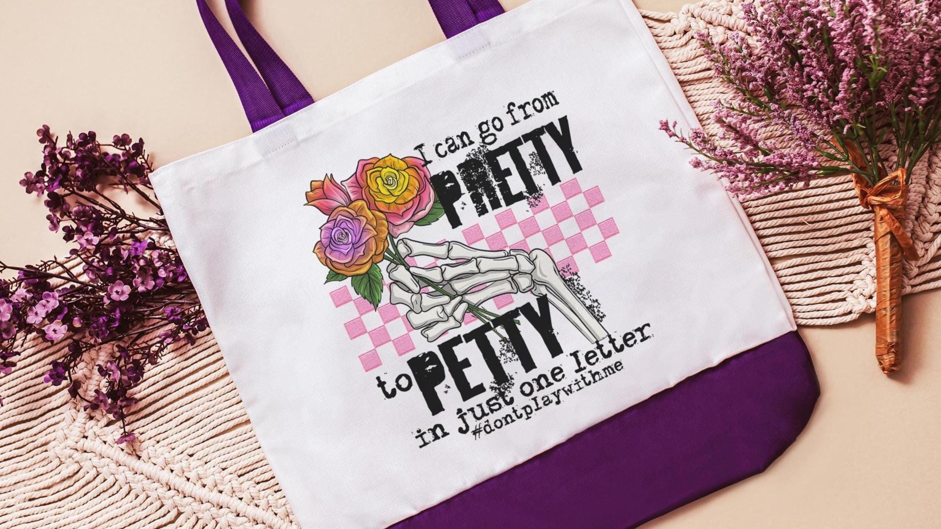 pretty to petty funny tote bag unique gifts for sisters, don't play with me sarcastic gifts for coworkers, trendy tote bags for women, best