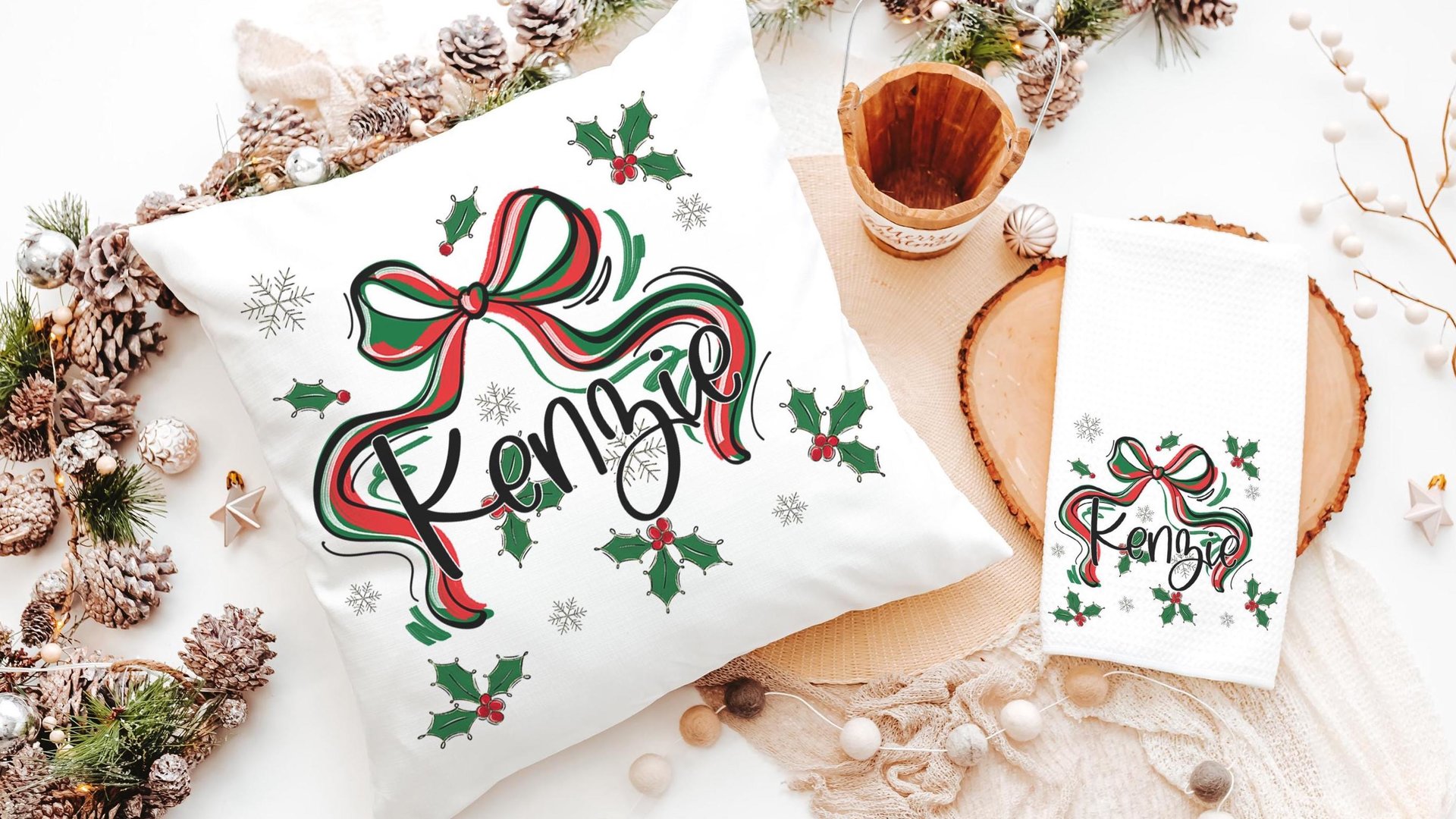 personalized mistletoe and holly Christmas coquette throw pillow with name, Christmas bow accent pillow for couch, cute Christmas gifts for