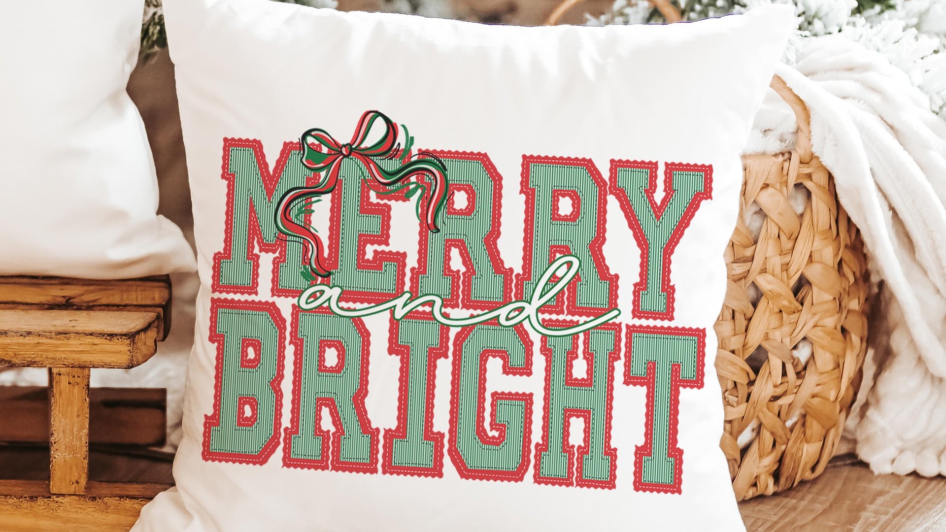 merry and bright preppy Christmas throw pillows for couch red and green seersucker Christmas decor, holiday hosting decor home decor gift